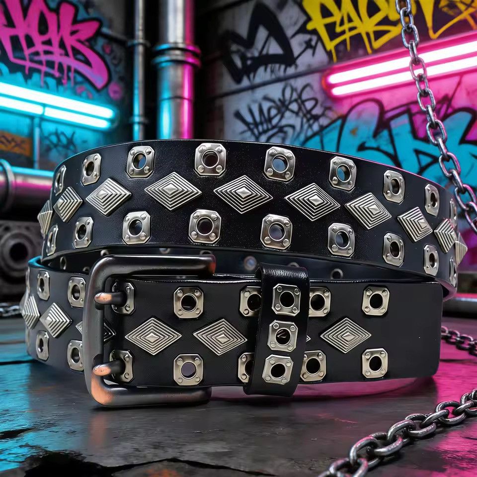 Japanese Brand Retro Heavy Metal Rivets Pu Leather Belt 115 cm Size ONE SIZE - 2 Thumbnail