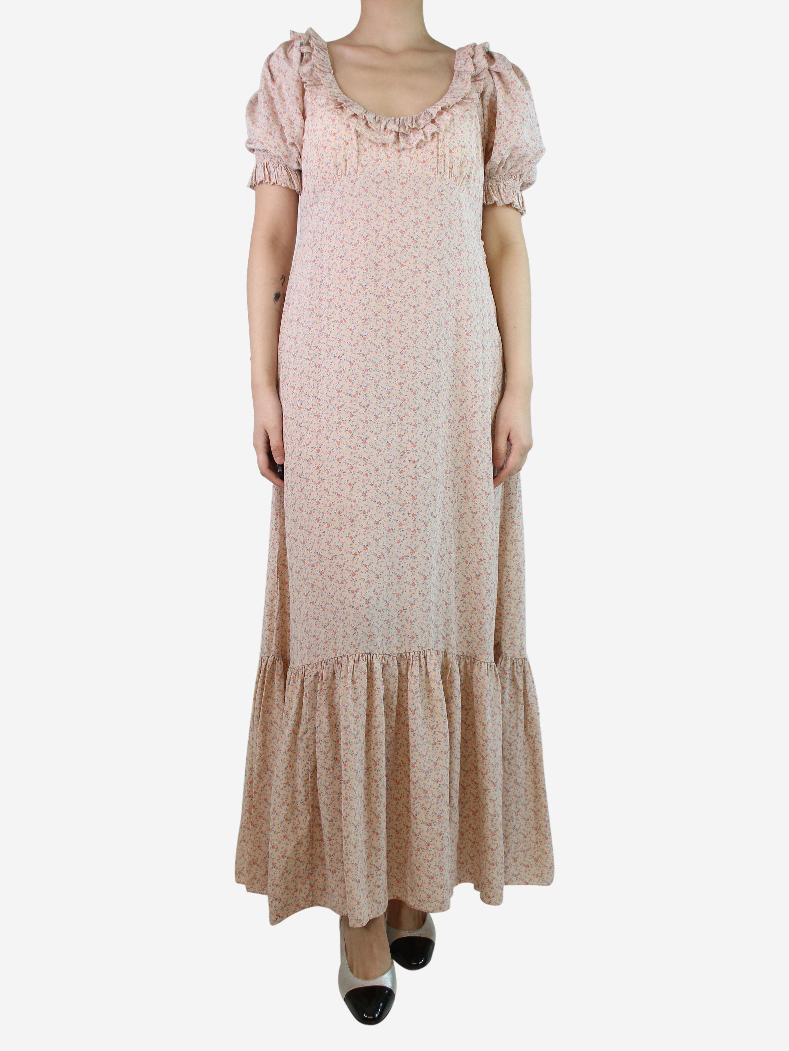 image of Doen Pink Floral-Printed Ruffle Silk Dress - Size L, Women's