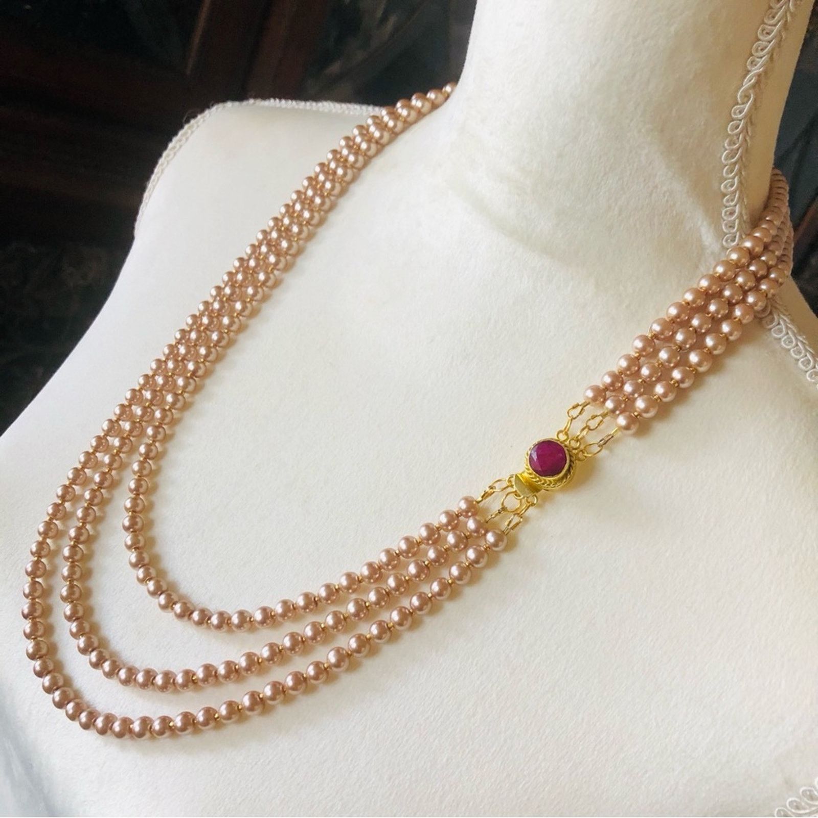 Handmade Handcrafted triple strand tan pearl genuine ruby necklac Size ONE SIZE - 4 Thumbnail