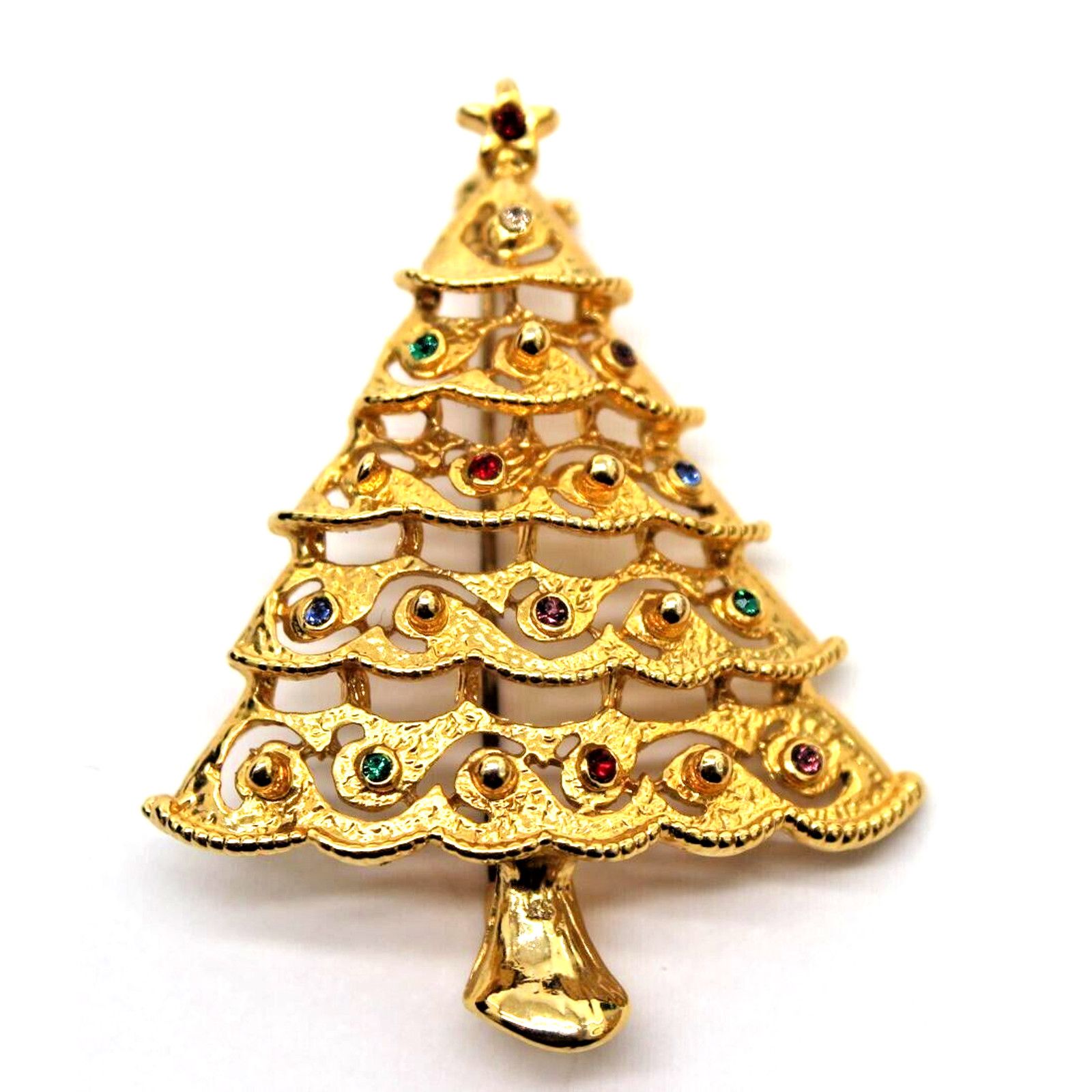 Other Christmas Tree Brooch Gold Tone Multi Color Tiny Rhinestones Size ONE SIZE - 1 Thumbnail