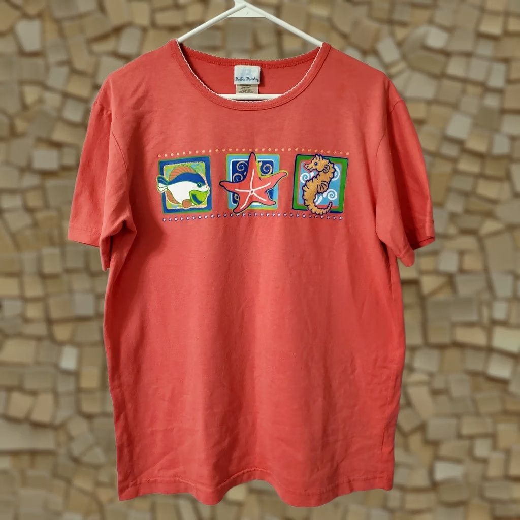 Vintage VINTAGE Bobbie Brooks Shirt Women Ocean 90s Graphic Print Orange Short Sleeve Round Neck Pullover Summer Casual Knit Cotton-Polyester Blend BB556 Size S / US 4 / IT 40 - 1 Thumbnail
