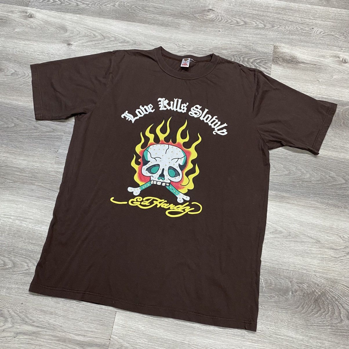 Ed Hardy Vintage Y2K Ed Hardy Brown Flame Skull T-Shirt Size 2XL Size US XXL / EU 58 / 5 - 3 Thumbnail