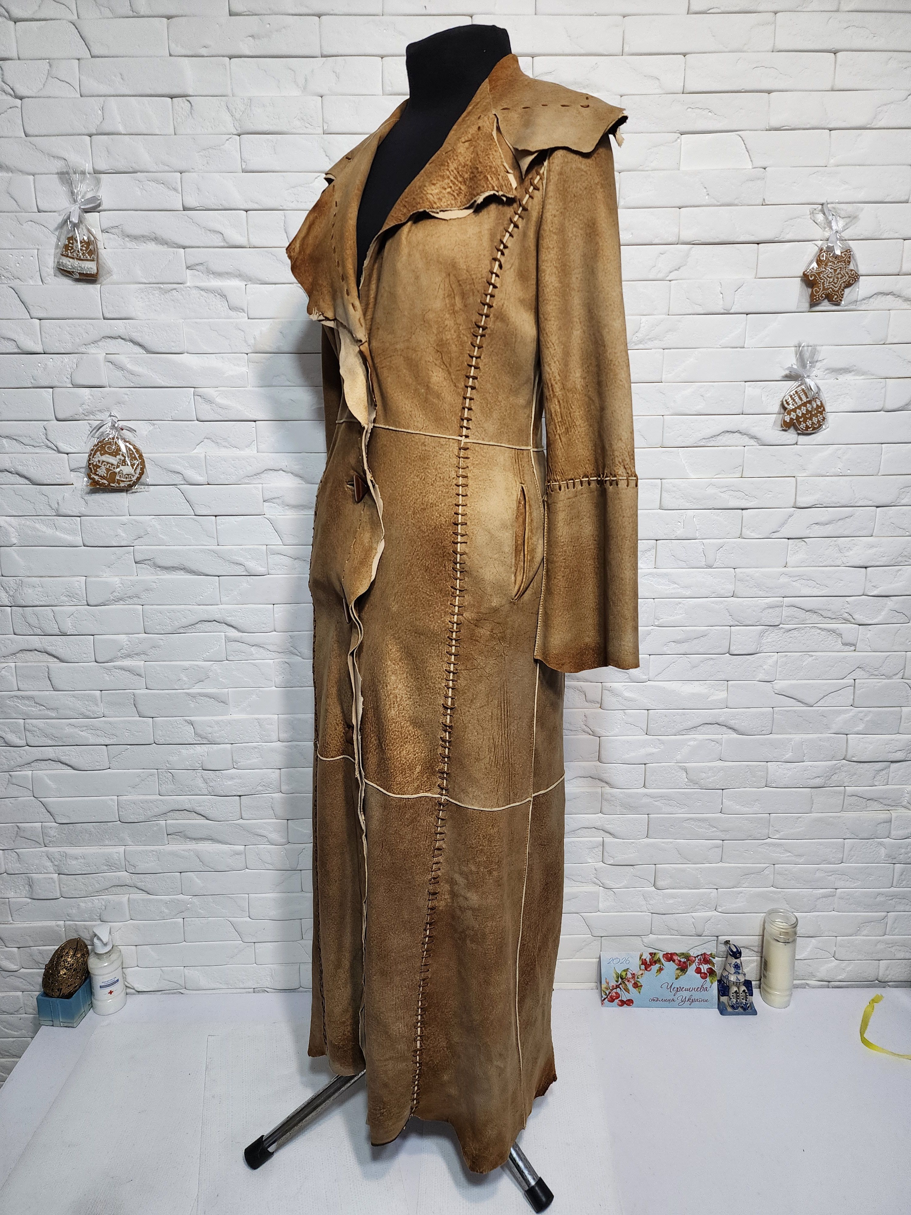 Other Brown Leather Jacket: Long Stylish Women's Coat Size M / US 6-8 / IT 42-44 - 2 Thumbnail