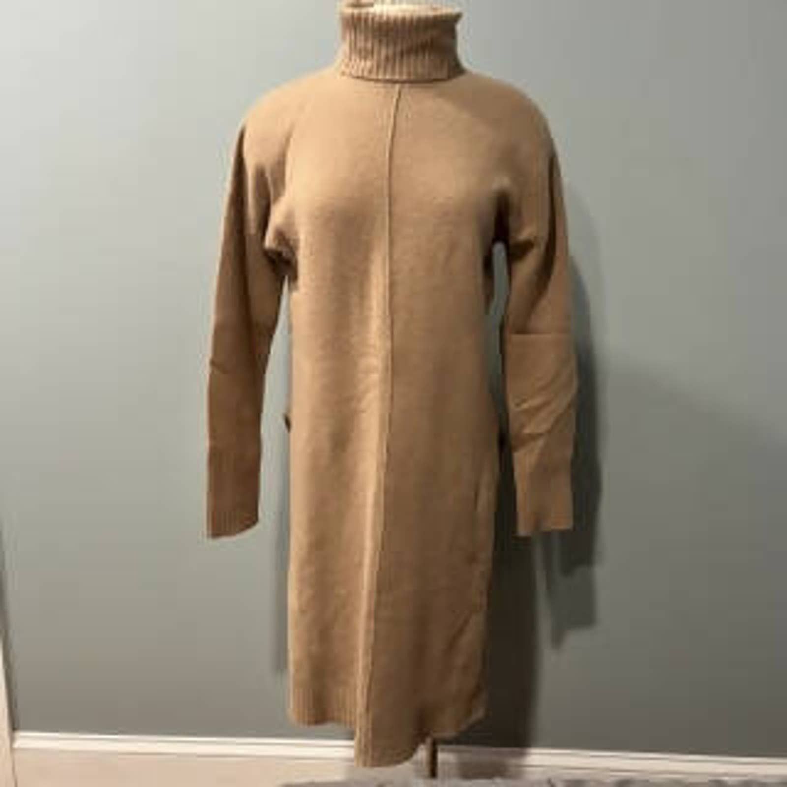 image of Naadam Cashmere Turtleneck Side Slits Midi Dress in Beige, Women's (Size XL)