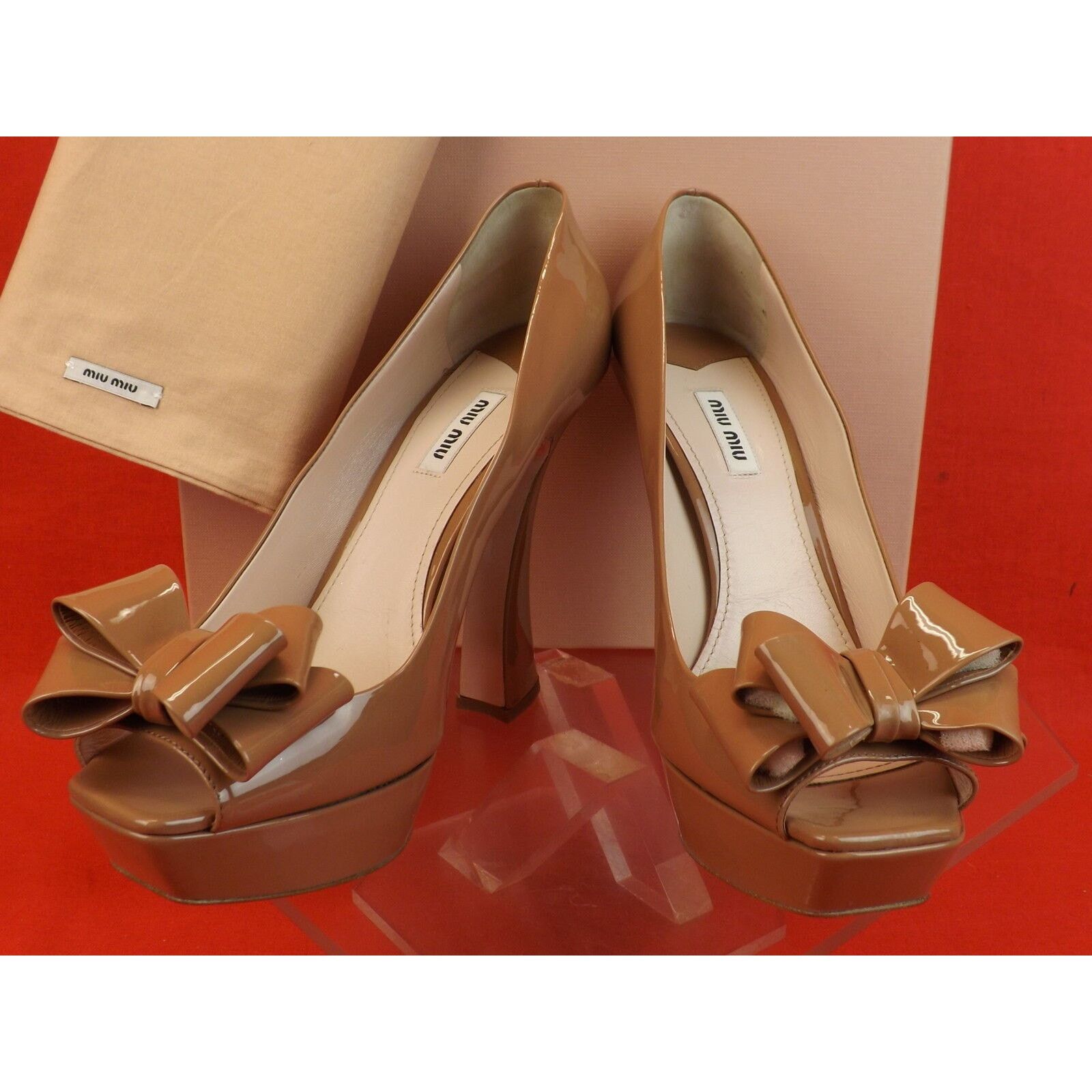 Miu Miu CARAMEL PATENT LEATHER BOW FLARED HEEL PLATFORM PUMPS 41 Size US 11 / IT 41 - 9 Thumbnail