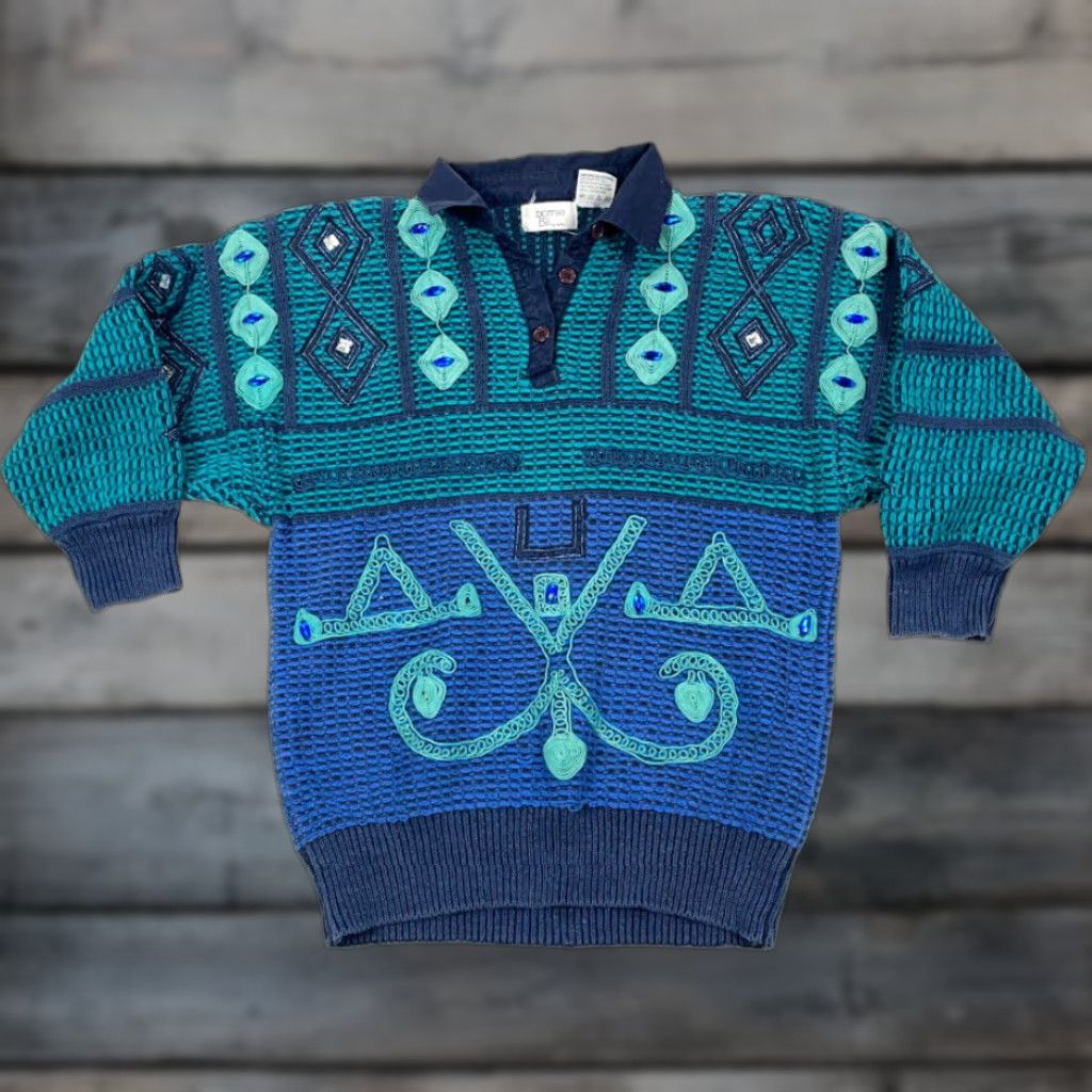 Vintage VINTAGE Bonnie and Bill Geometric Collared Sweater Women's Medium Green 80s 90s Bohemian Hipster Knit Chuck Ramie Cotton Pullover Size M / US 6-8 / IT 42-44 - 1 Thumbnail