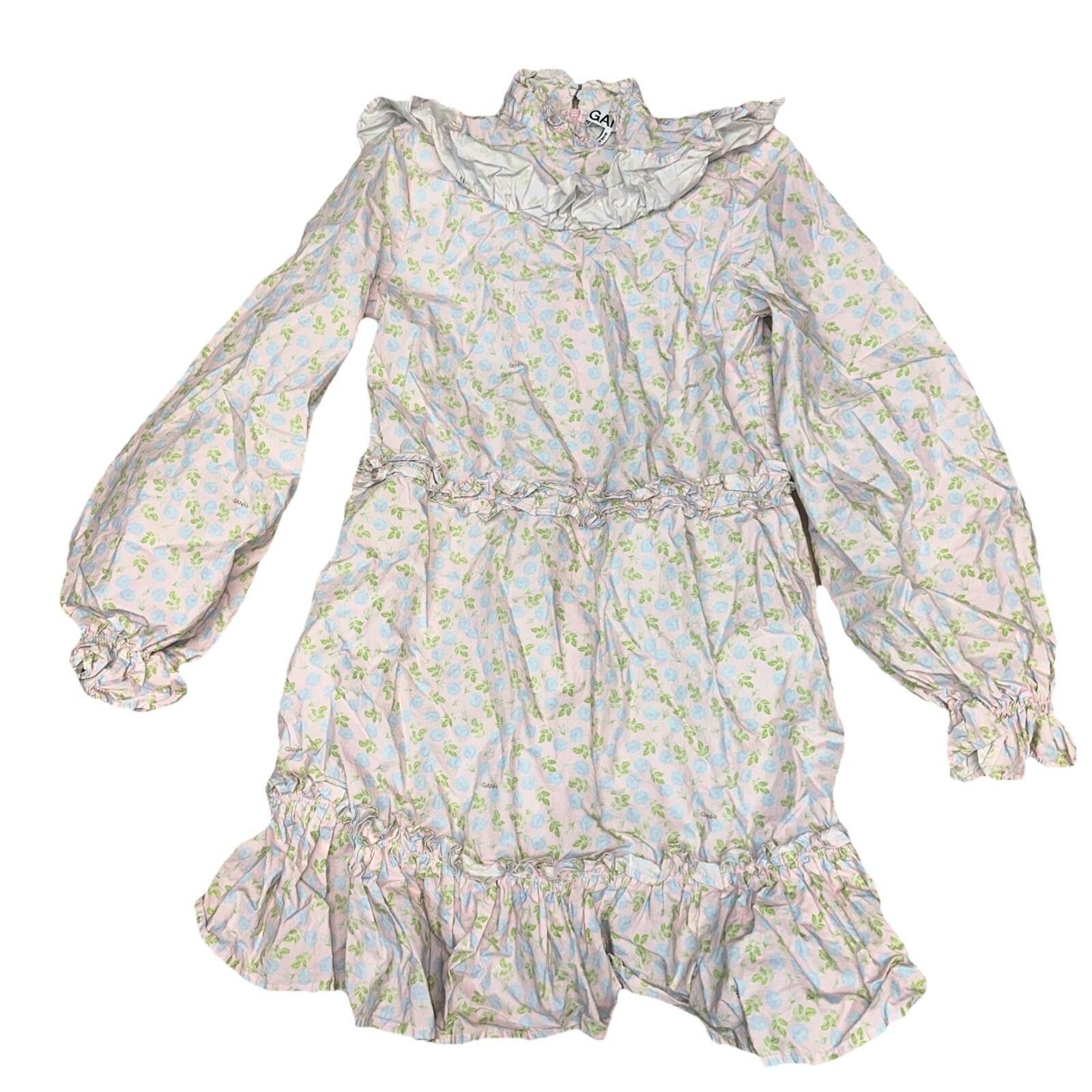 Gianni Valentino GANNI Prairie Mini Dress Small 34 Pink Blue Ruffled Neck Size S / US 4 / IT 40 - 1 Thumbnail
