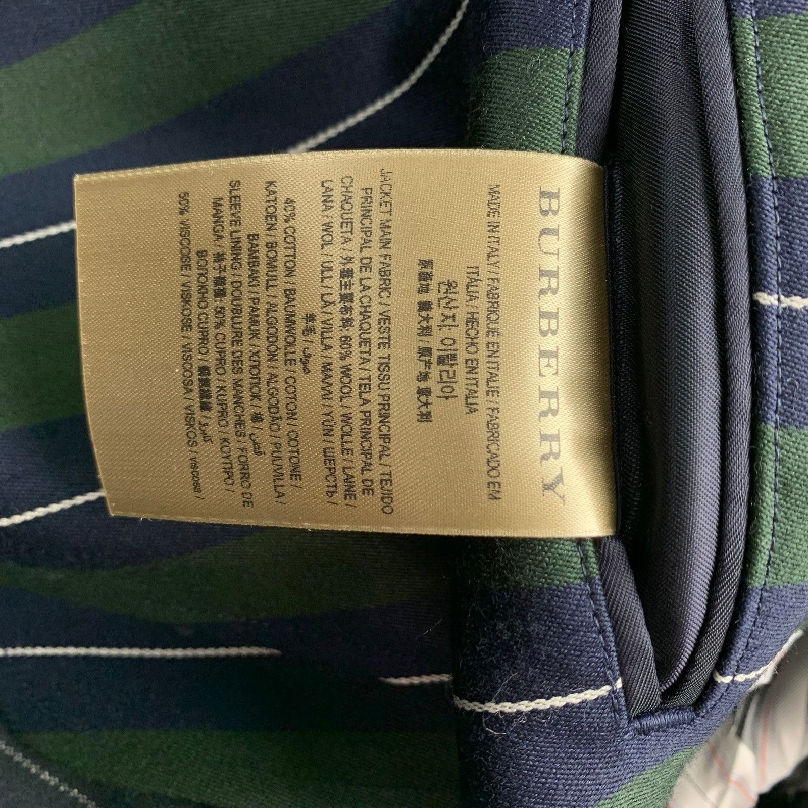 Burberry Regular Green & Navy Vertical Stripe Wool/Cotton Notch Lapel Size 36R - 9 Thumbnail