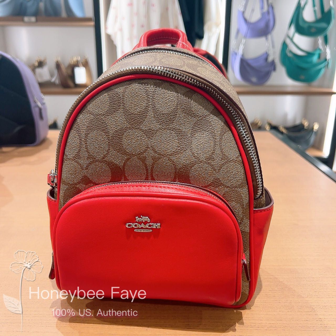 image of Coach Mini Court Backpack In Signature Canvas Cr285 in Silver/Khaki/Miami Red, Women's