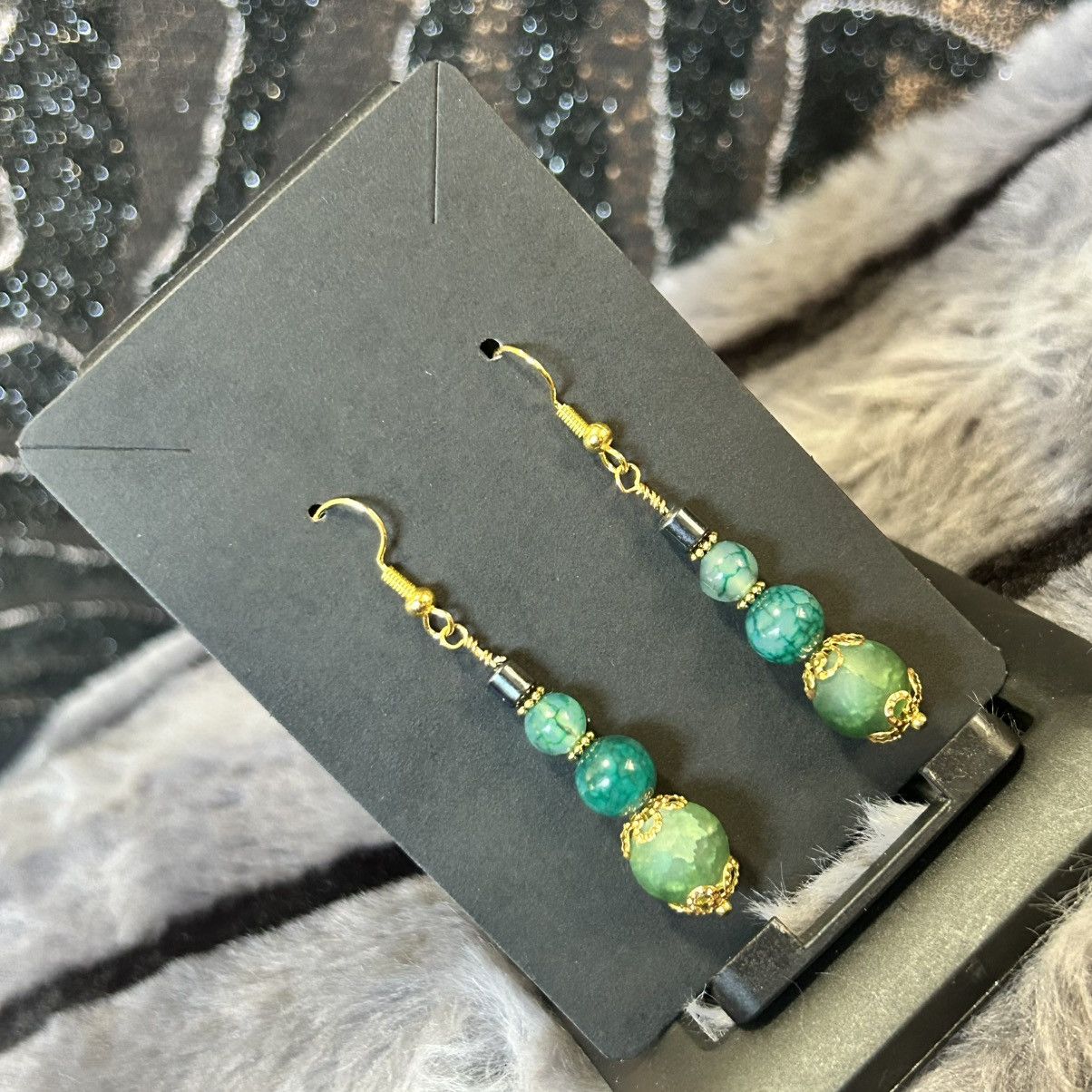 Handmade Handcrafted green crackle glass dragon vein agate earrings Size ONE SIZE - 1 Thumbnail