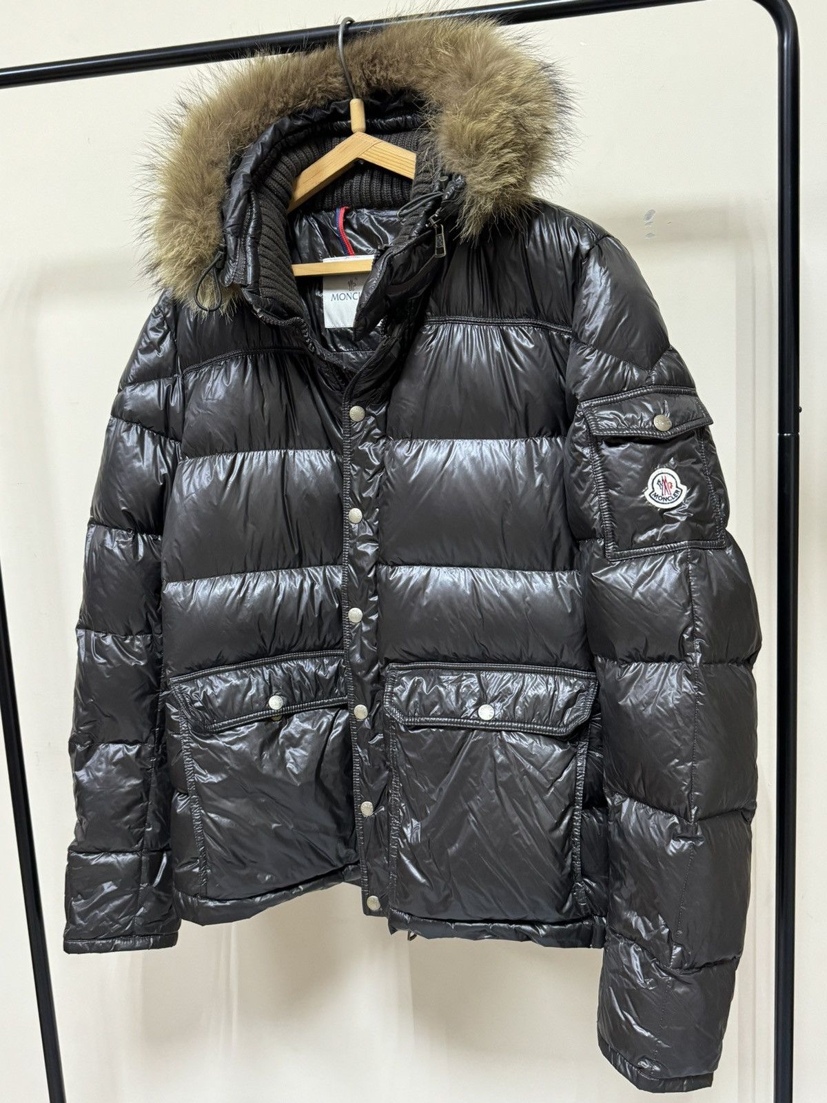 image of Moncler Hubert Brown Glossy Puffer Fur Jacket Maya, Men's (Size XL)