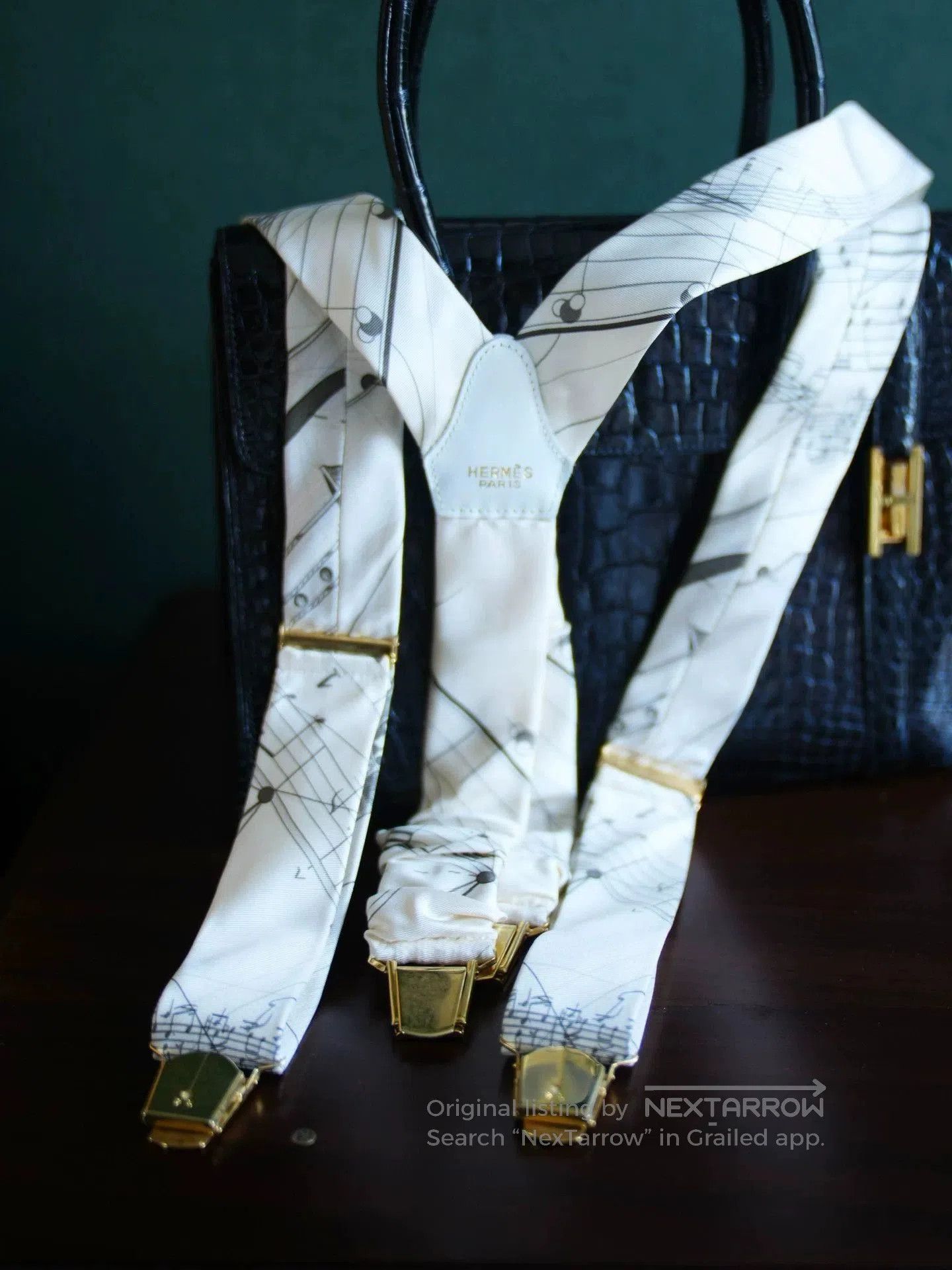 Hermes White Long Sleeve Shirt with Musical Note Suspenders. Size US M / EU 48-50 / 2 - 2 Thumbnail
