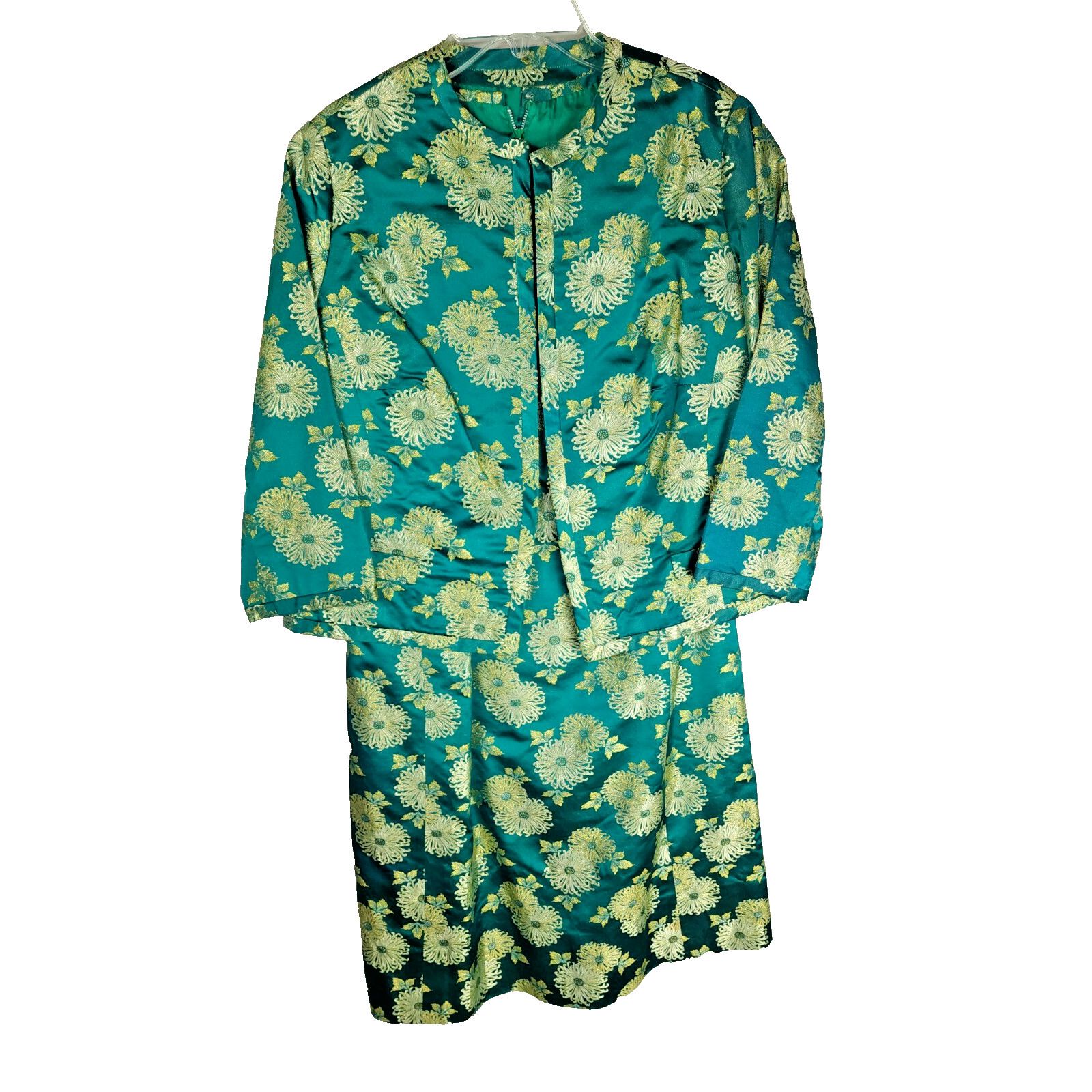 Vintage Ying Tai Ltd Green/Gold Chinese Floral Dress w/Jacket Size S / US 4 / IT 40 - 1 Thumbnail