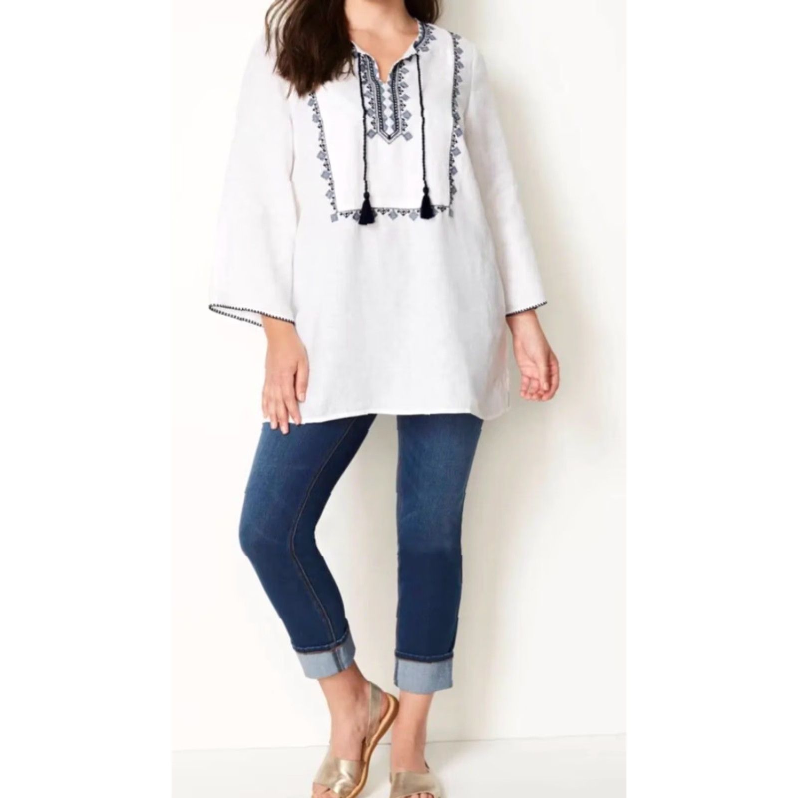 J. Jill J.Jill Linen Embroidered Tunic Sz M White 3/4 Sleeve Split Neckline Womens Tunic Linen Embroidered Tunic All Seasons Medium Dated: None Size M / US 6-8 / IT 42-44 - 3 Thumbnail