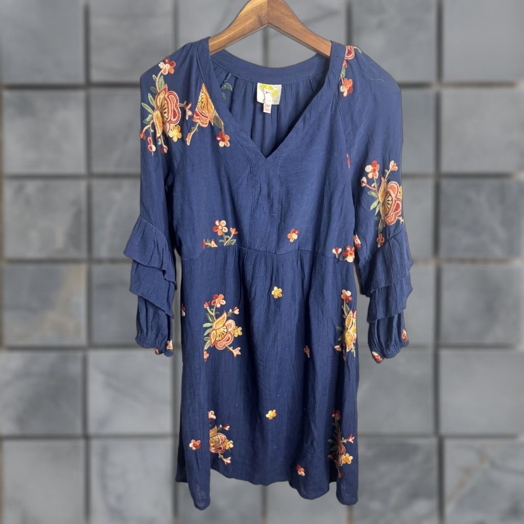 Vintage Fig and Flower Dress Womens PM Blue Embroidered Floral Boho Fit & Flare Mini Size M / US 6-8 / IT 42-44 - 1 Thumbnail