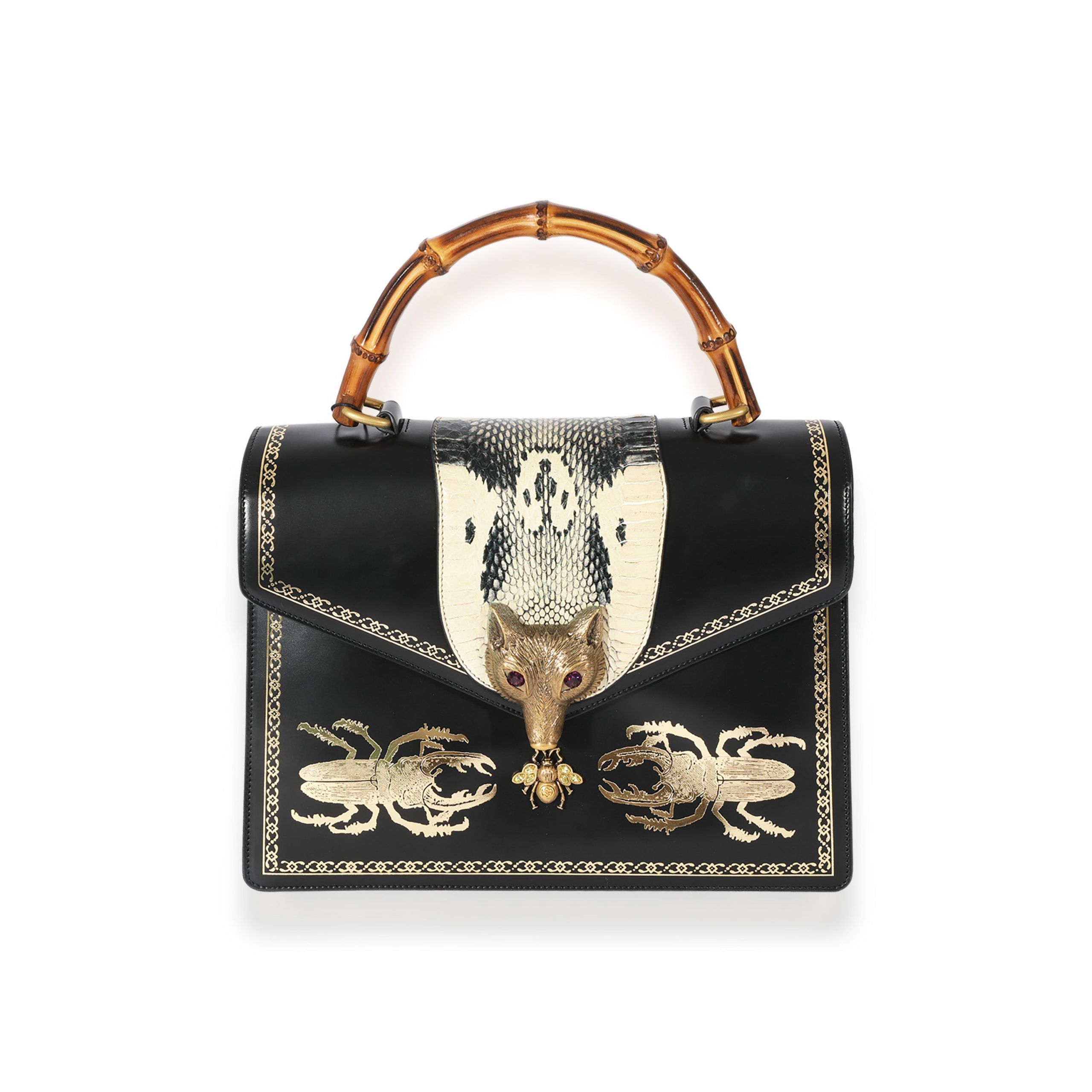 image of Gucci Black Leather Broche Beetle Top Handle Bag, Women's
