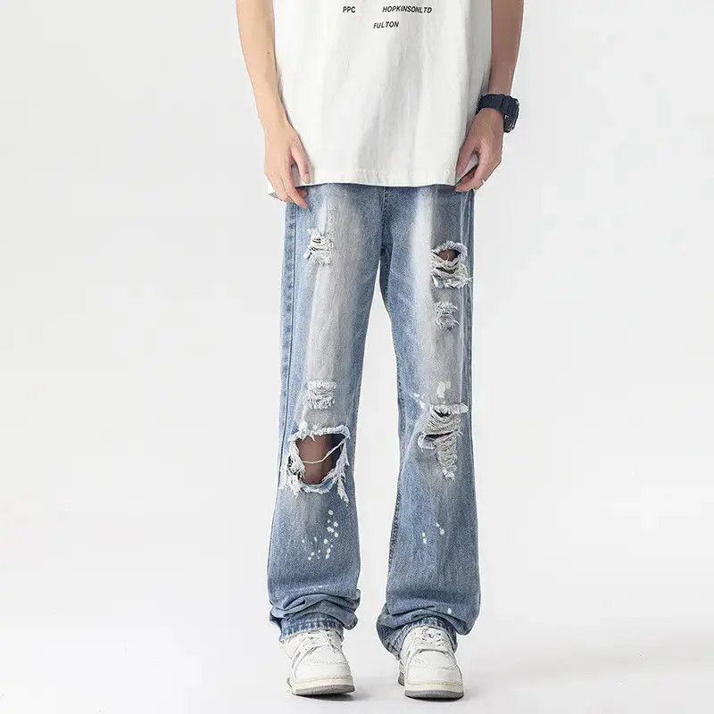 Japanese Brand Retro loose splashed ink straight leg ripped jeans Size US 32 / EU 48 - 6 Thumbnail