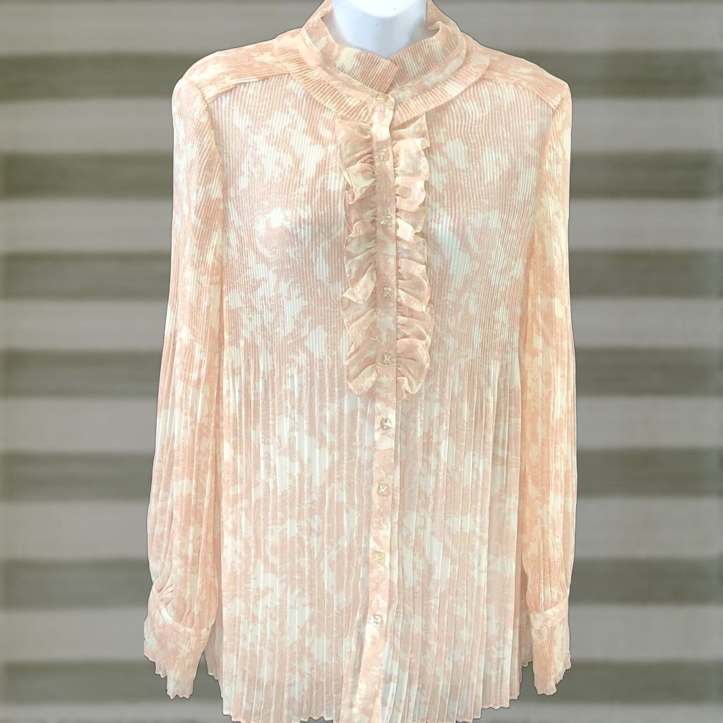 Vintage Dialogue Chiffon Top M Peach Paisly Ruffles Collar Pleated Coquette Romantic | Shirt | Women | M | Peach | Paisley Chiffon Top | 60s? Size M / US 6-8 / IT 42-44 - 1 Thumbnail