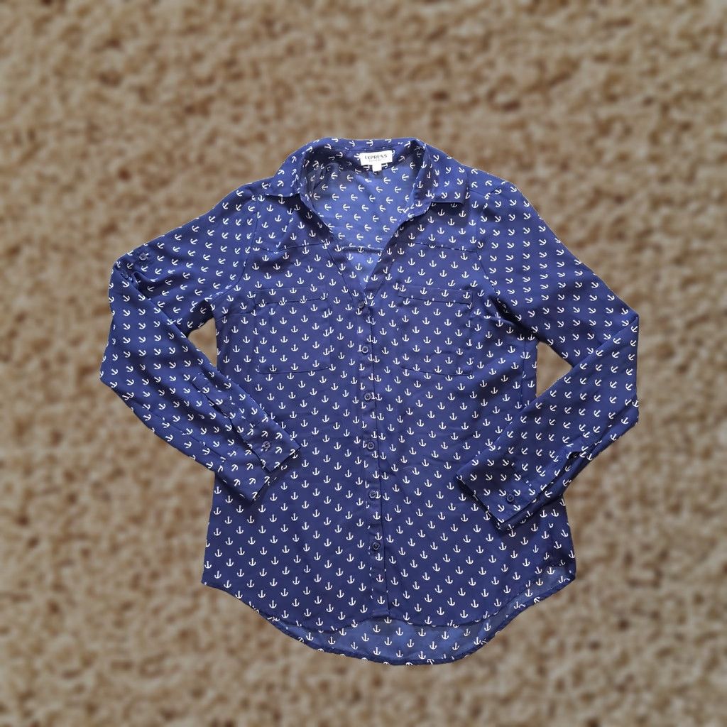 Express Express Blouse Women Small Blue Nautical Portofino Sheer Long Sleeve Career Shirt Size S / US 4 / IT 40 - 1 Thumbnail