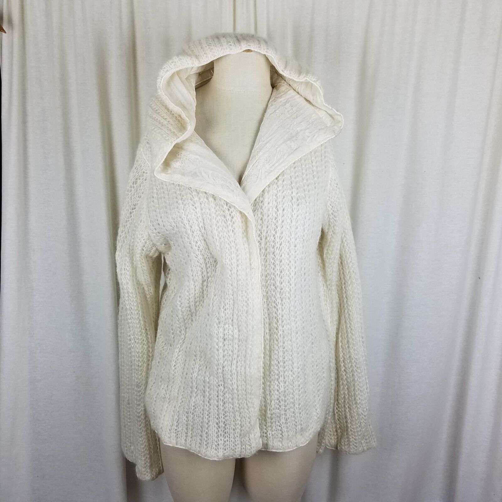 Vintage Vtg Reversible Knit Lace 50s Hooded Cardigan Sweater Jacket Size M / US 6-8 / IT 42-44 - 2 Thumbnail
