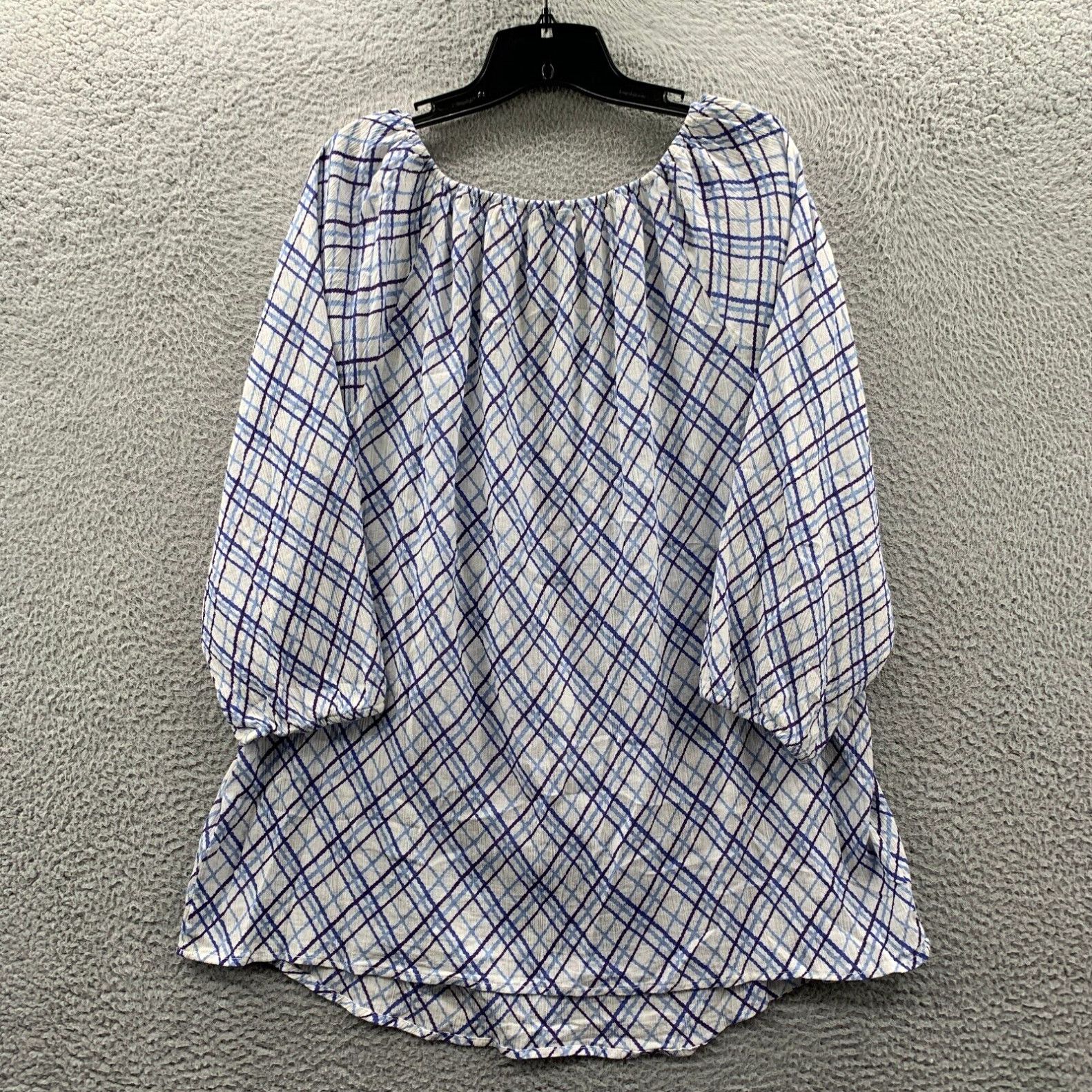 Chaps CHAPS Blouse Womens 1X Top Plaid 3/4 Sleeve Sheer White Blue ...