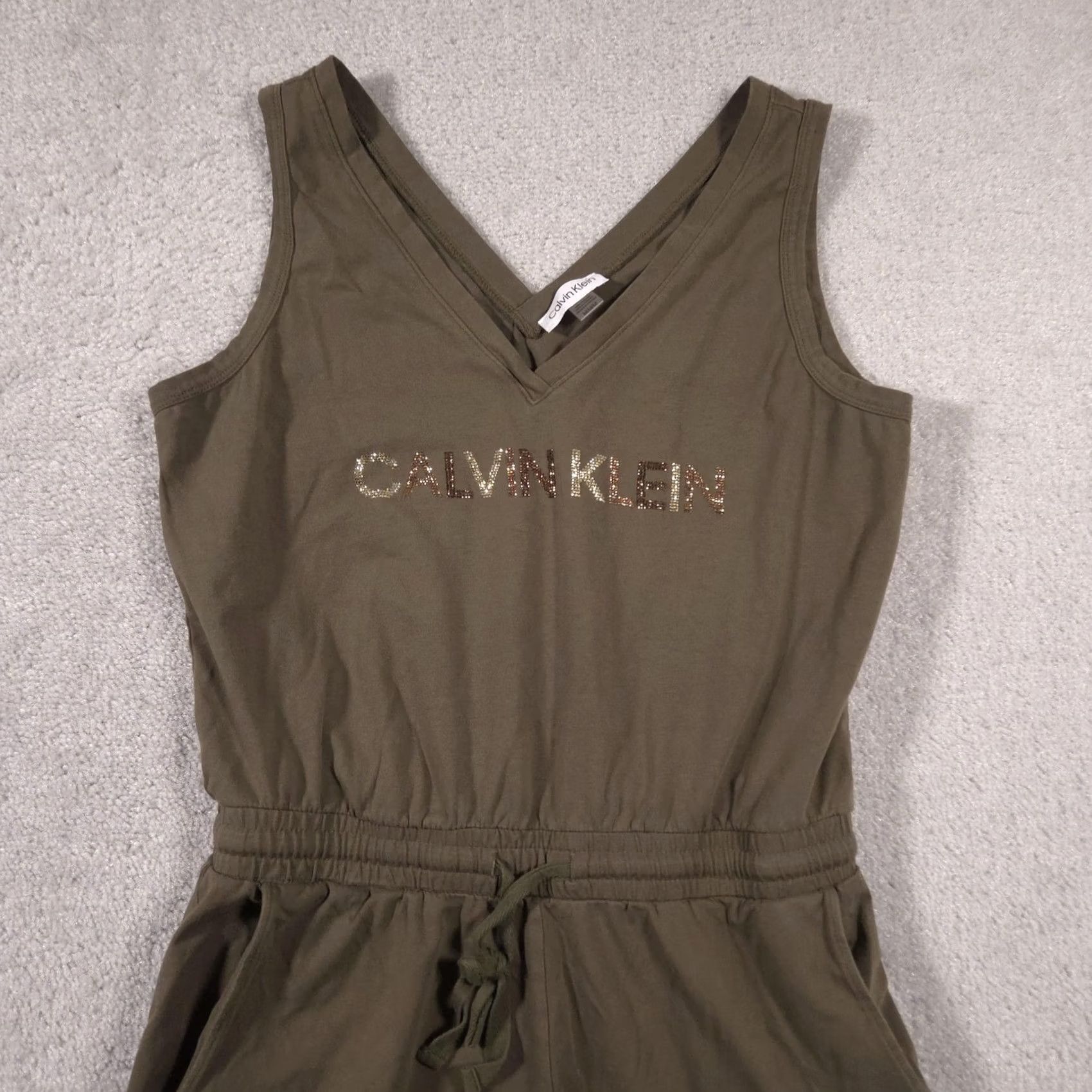 Calvin Klein Calvin Klein Romper Womens M Olive Green V-Neck Rhinestone Logo Pockets Size 32" / US 10 / IT 46 - 3 Thumbnail
