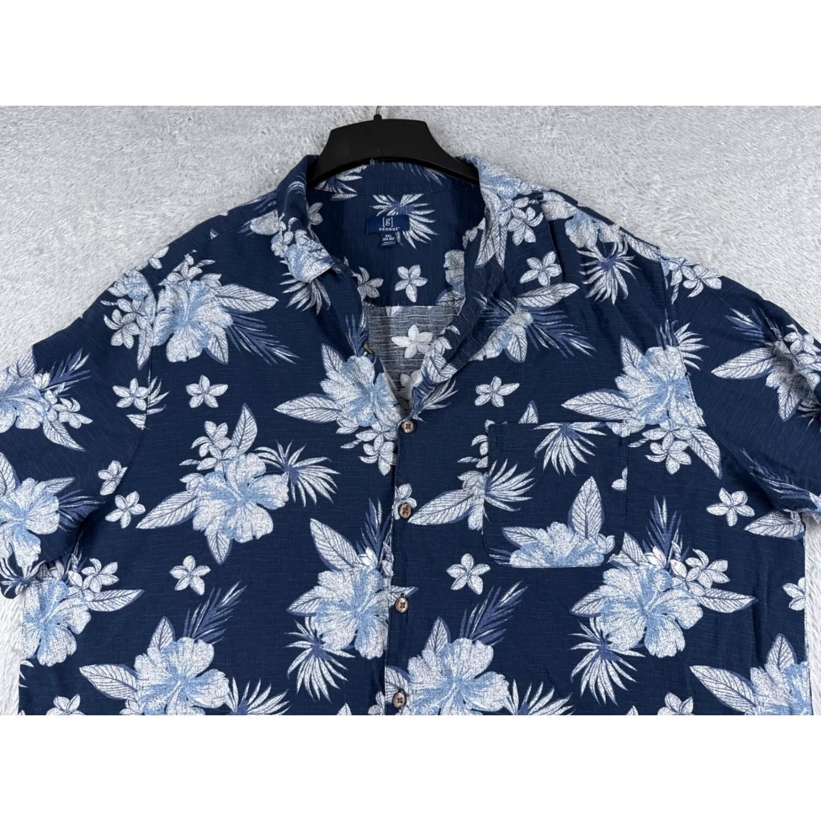 George George Shirt Mens 3XL Floral Hawaiian Button-Up Blue White Cotton Palm Hibiscus Short Sleeve Casual Wear Mens Size US XXL / EU 58 / 5 - 4 Thumbnail