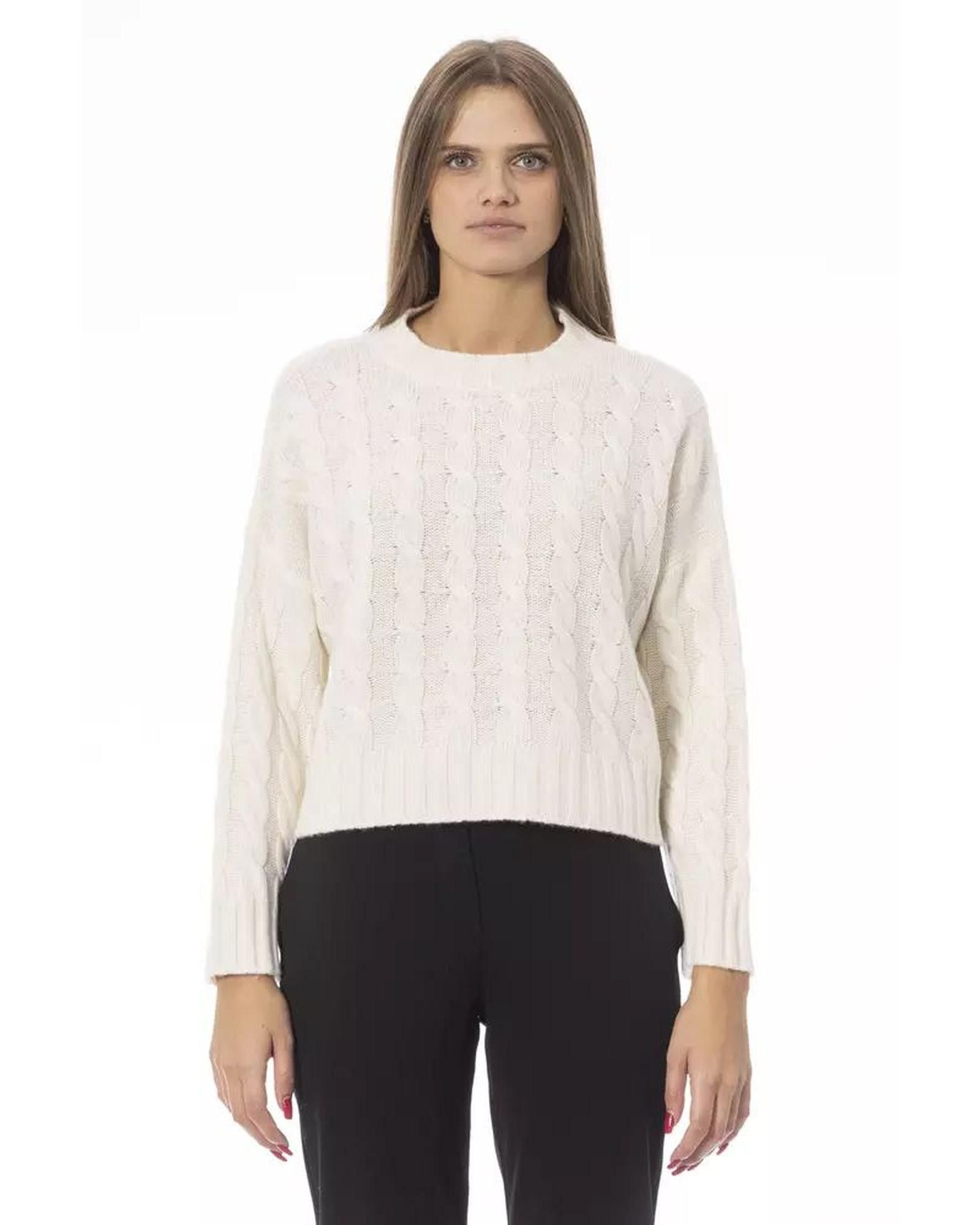 image of Baldinini Wool Crew Neck Sweater With Monogram Detail in Beige, Women's (Size Medium)