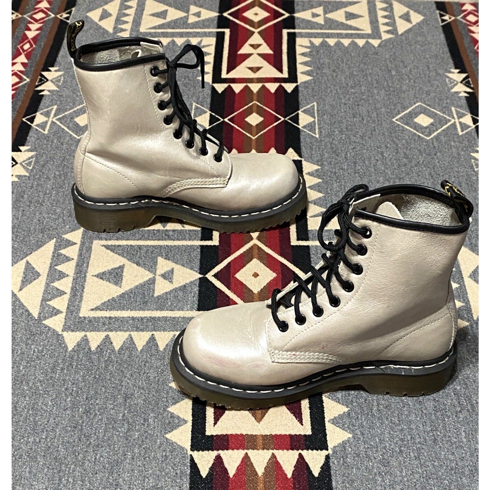 image of Dr Martens Dr. Marten's 1460 Leather 8 Eyelet Ladies Combat Lace Up Boots 6W Pearlescent 77 in Whit