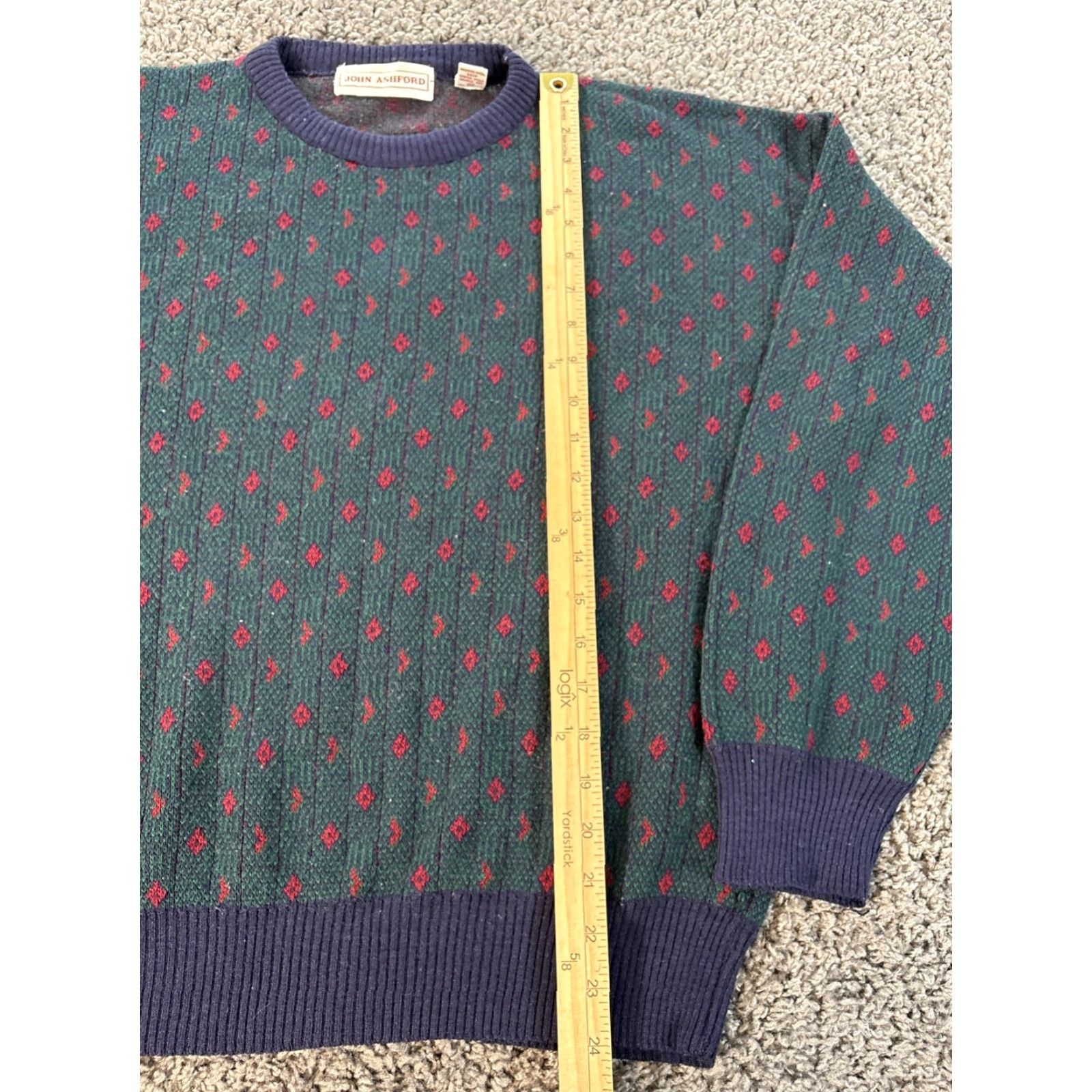 Vintage VINTAGE John Ashford Sweater Mens Large Green Wool Printed 90s Crew Neck Pullover Knit Wool Size US L / EU 52-54 / 3 - 2 Thumbnail