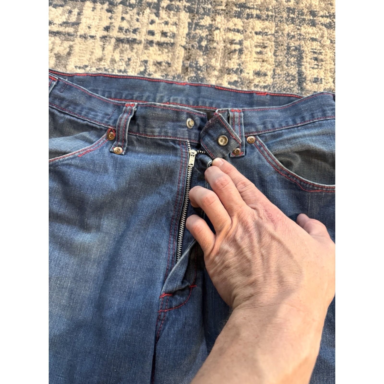 Sears VINTAGE Sears Jeans Joint Perma Prest Blue Jeans Men’s 32 Regular 1960s 31.5in Inseam Red Stitching Denim Mens Vintage 60s Look Hippy Pants Size US 32 / EU 48 - 6 Thumbnail