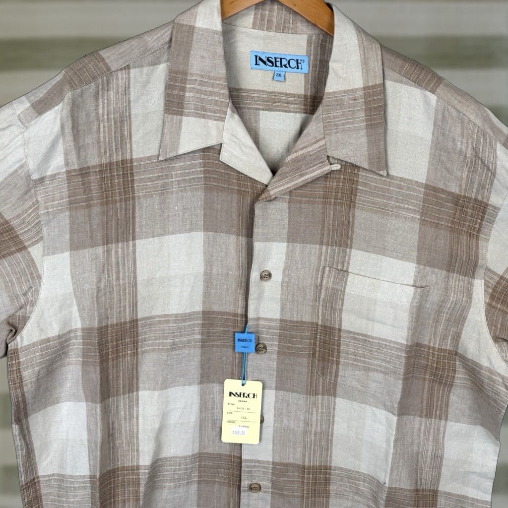 Vintage Inserch Camp Shirt Mens 2XL Beige Plaid 100% Linen Short Sleeve Button-Up Collared Beach Summer Men Regular Men’s Size US XXL / EU 58 / 5 - 1 Thumbnail
