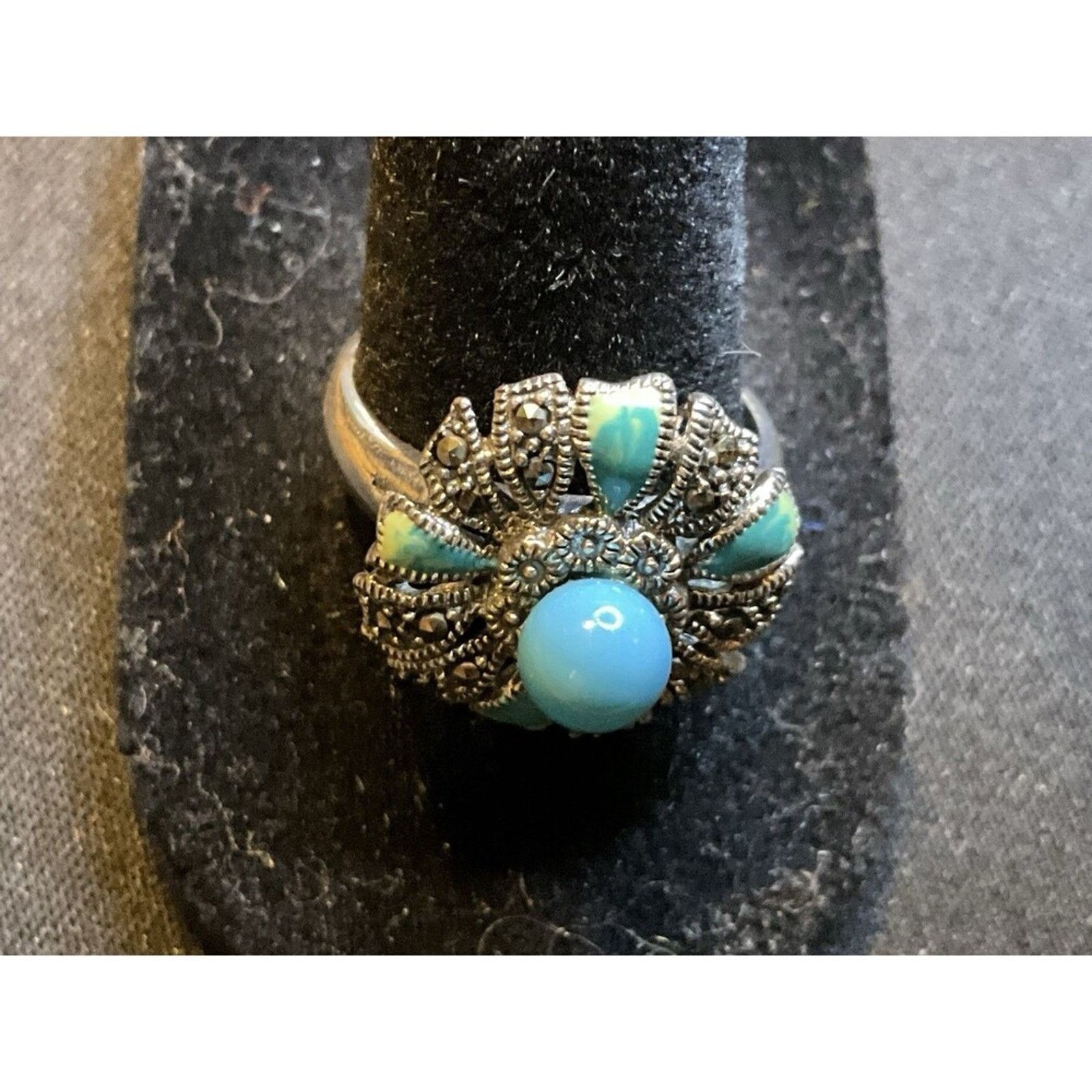 Other 925 Silver Turquoise and Marcasite Flower Ring Size 8.75 Size ONE SIZE - 3 Thumbnail