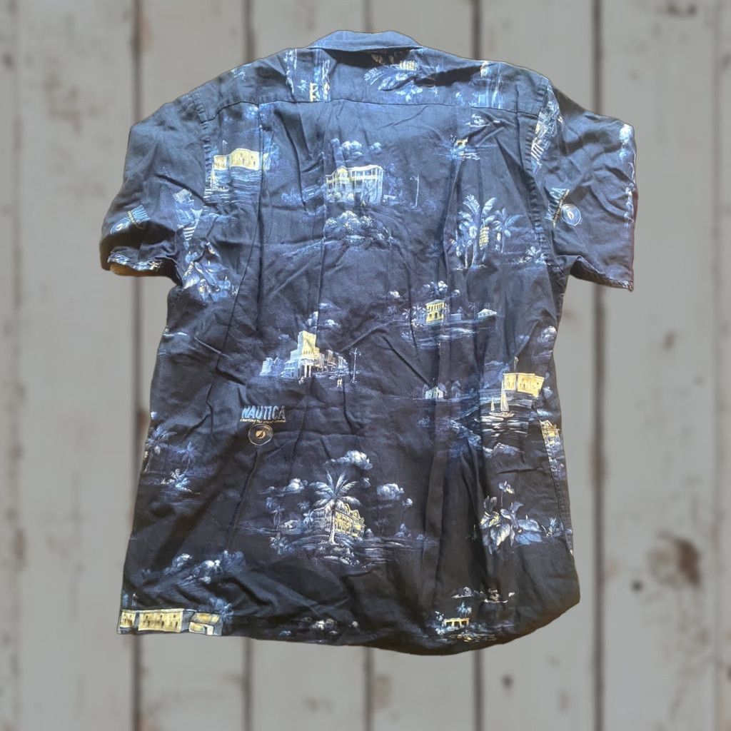 Nautica Nautica Button-Up Dress Shirt Adult Medium Blue Floral Hawaiian Island Mens Shirt Casual Button-Front Long Sleeve White Cotton Size 40R - 1 Thumbnail