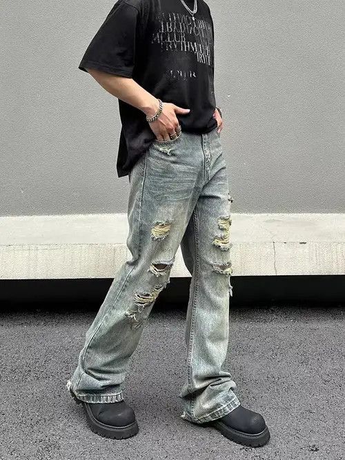 VIBE Hip Hop Vintage Washed Faded Loose Casual Ripped Jeans Size US 33 - 3 Thumbnail