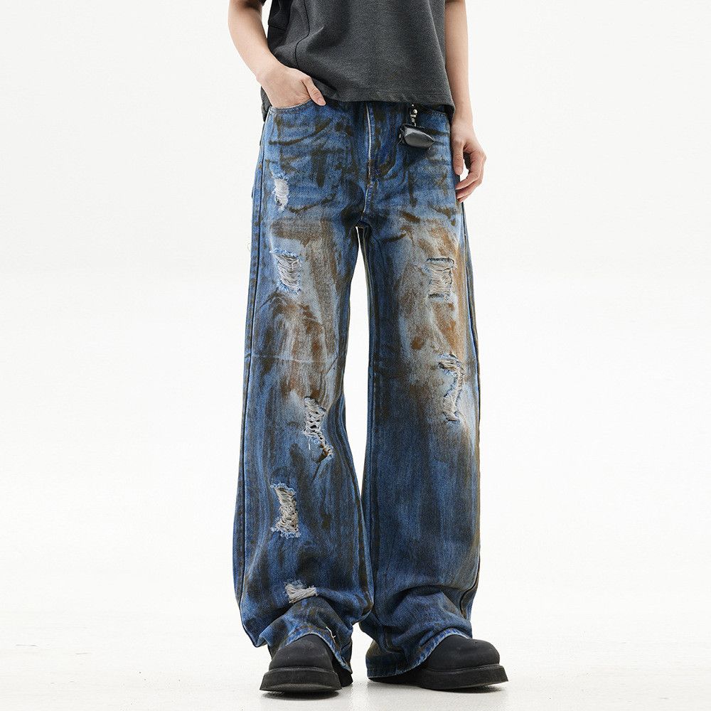 Men's punk ink-splashed washed distressed ripped jeans