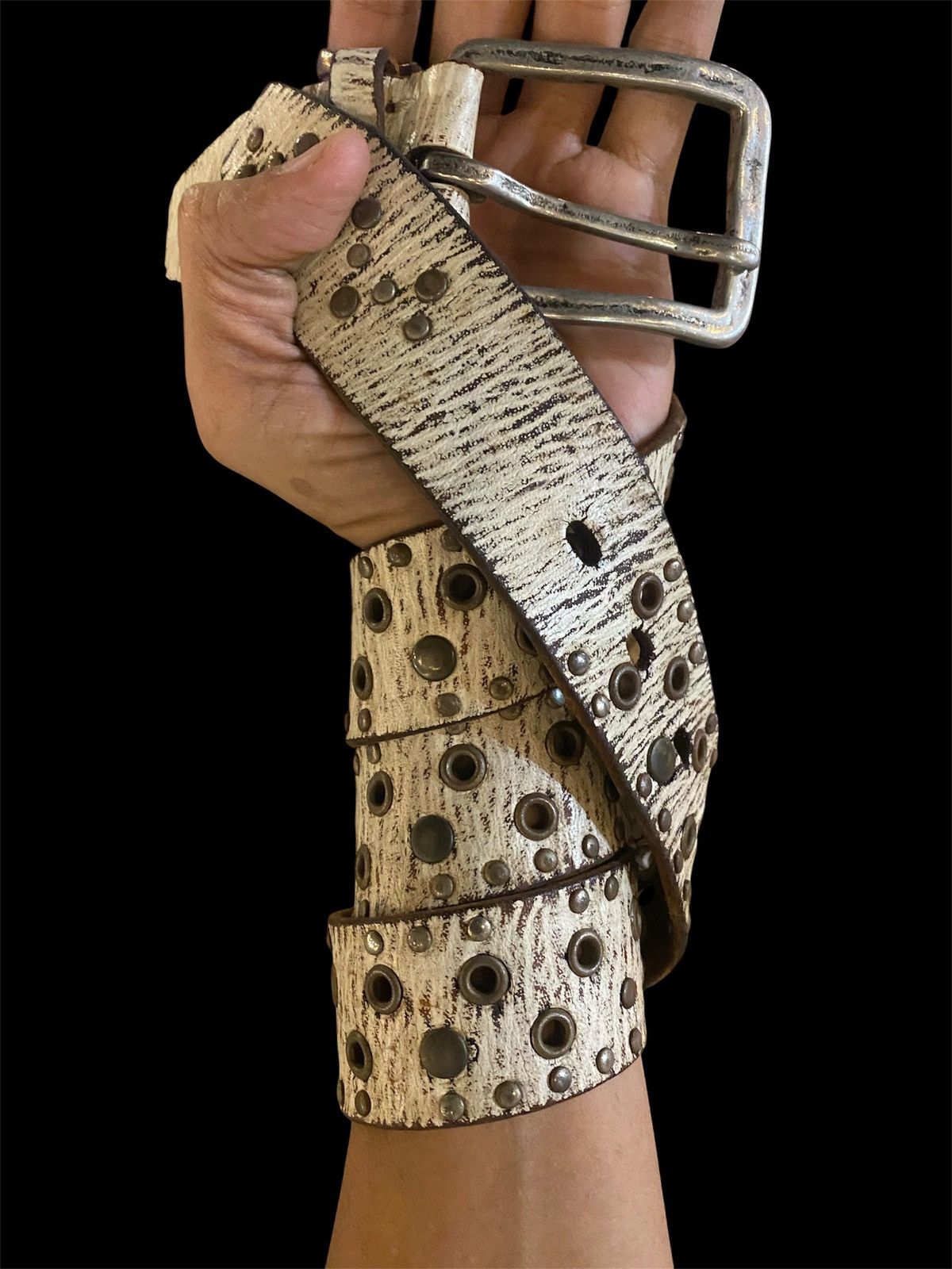 Genuine Leather Metallic Studded And Eyelet Grommets Abstract Leather Belt Size ONE SIZE - 1 Thumbnail