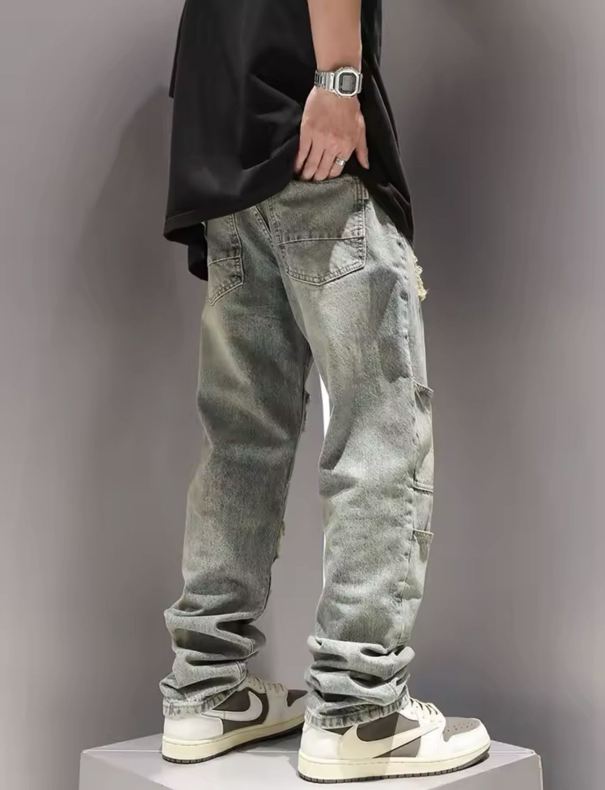 Multi Zipper Pocket Washed and Perforated Jeans