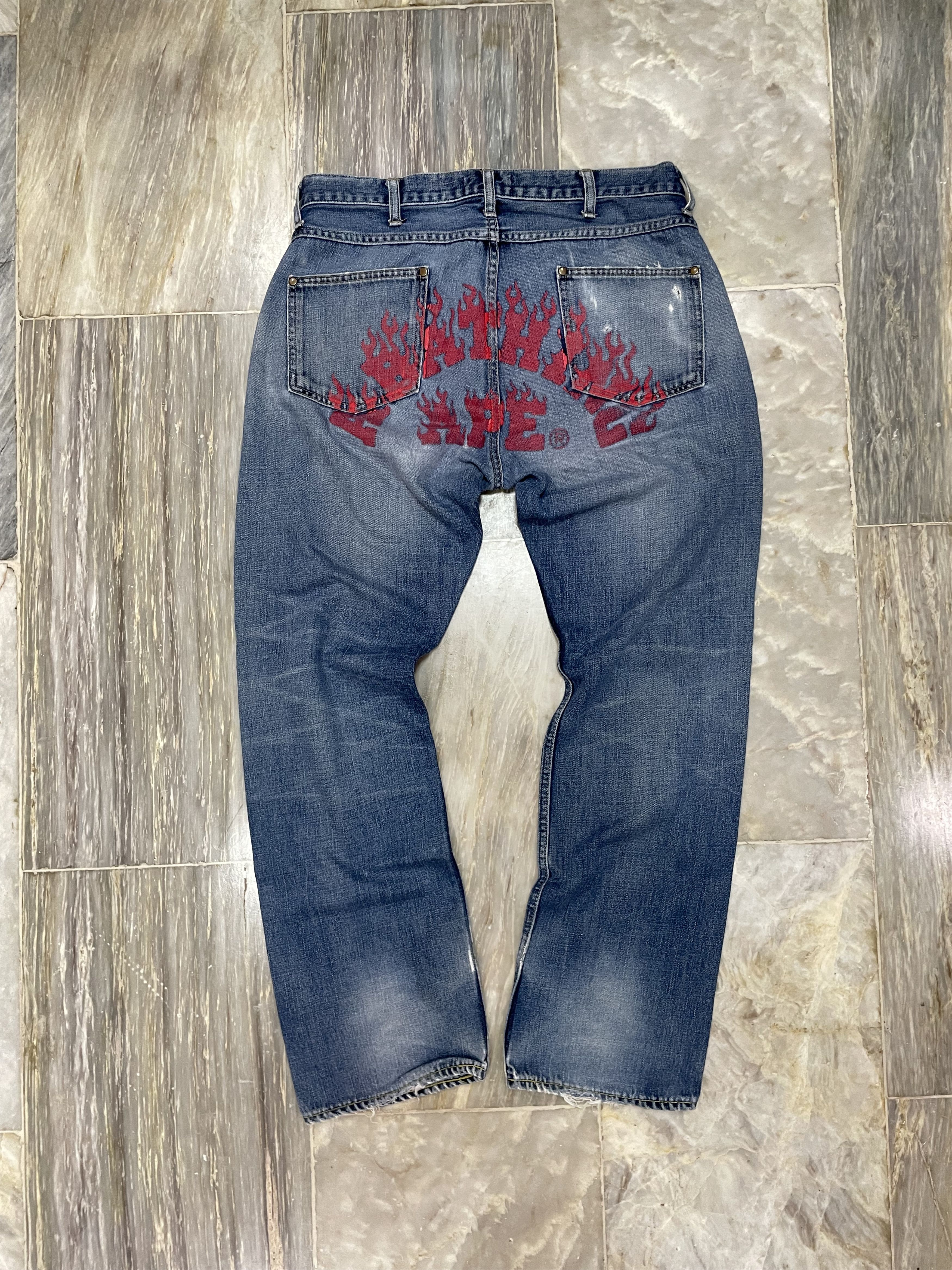 Pre-owned Bape Og  Spellout Flame Arch Logo - Distressed Jeans In Blue