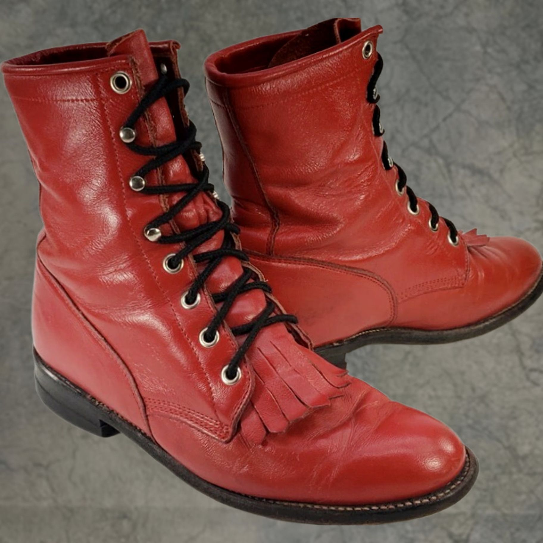 Justin Boots Justin Women's Laceup Boots Main Western 6.5B Red Leather Roper Kilted Front Granny Grunge Cowboy Boot Shoes Size US 7 / IT 37 - 1 Thumbnail