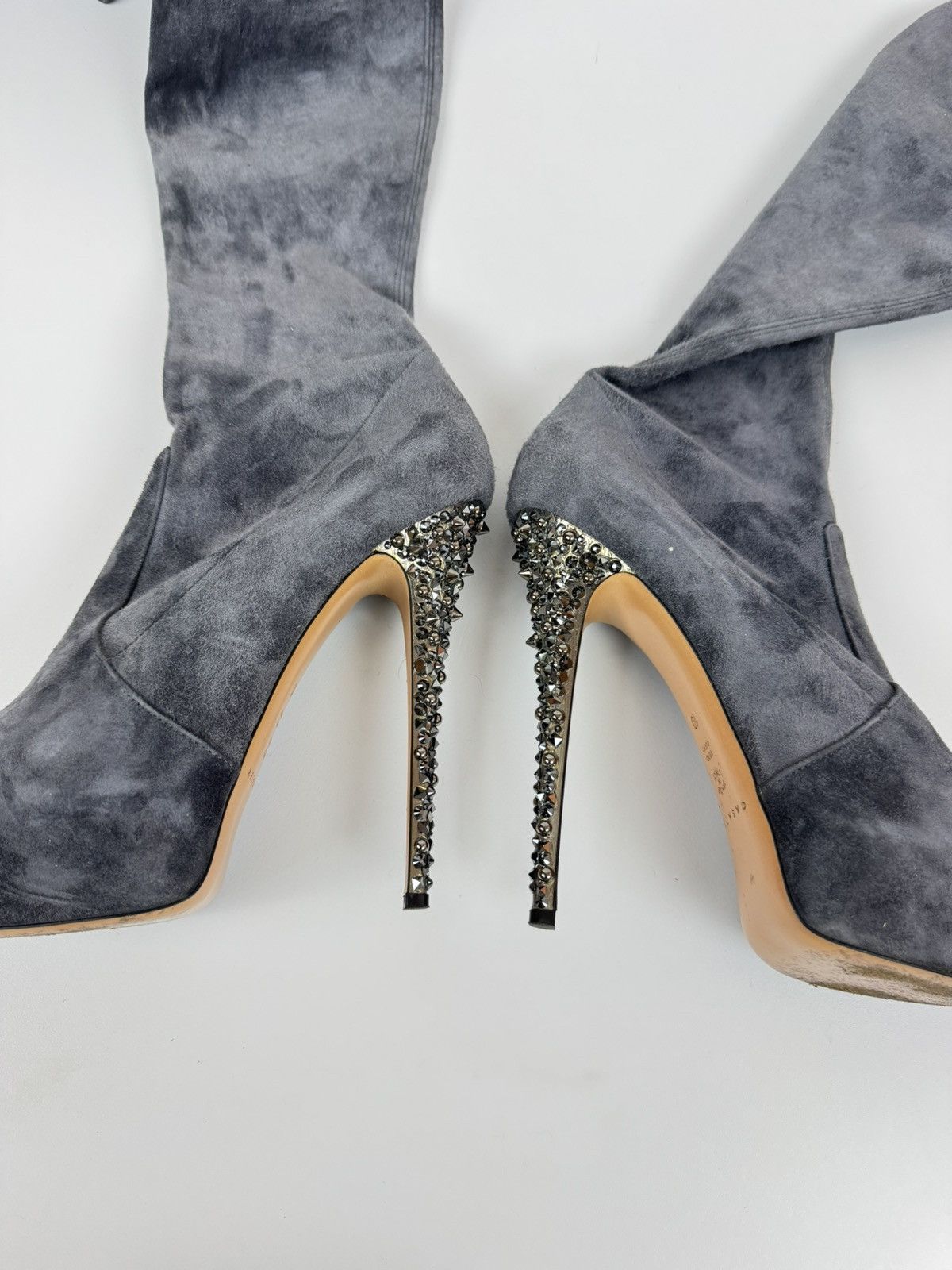 Casadei × Casedei CASADEI Suede Over The Knee Boots Stiletto Crystal Heels Size US 10 / IT 40 - 8 Thumbnail