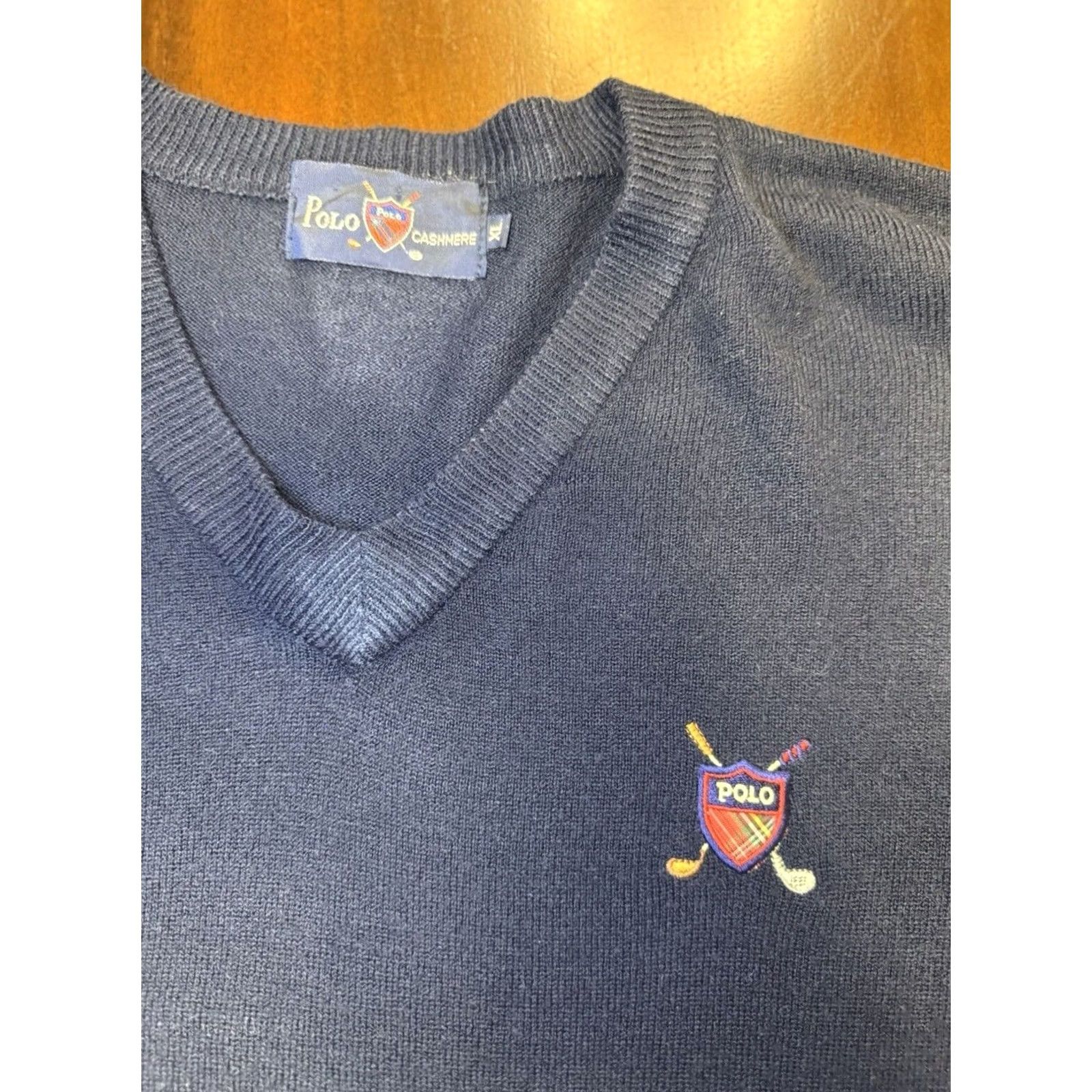 Ralph Lauren VINTAGE Ralph Lauren Polo Crest Golf Cashmere V-neck Sweater Blue XL Mens Size US XL / EU 56 / 4 - 2 Thumbnail