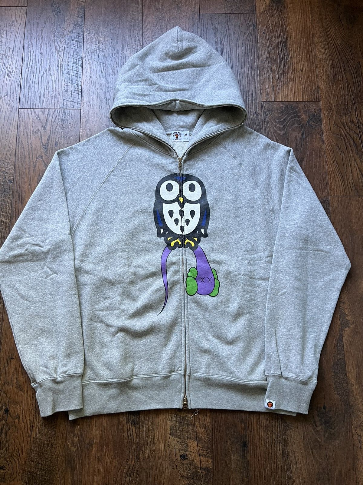 Pre-owned Bape X Kaws 2006  Bendy Snake Owl Full Zip Hoodie In Grey