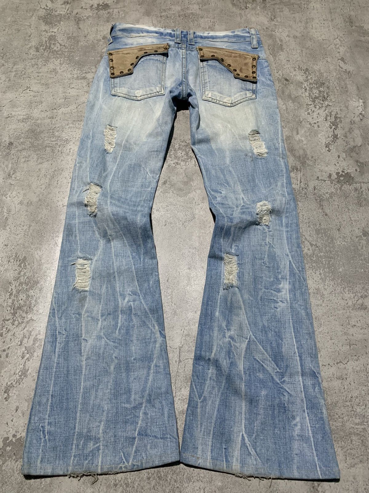 Isamu Katayama Backlash 2000s Glad News cowhide leather pocket ripped flare jeans Size US 29 - 1 Thumbnail