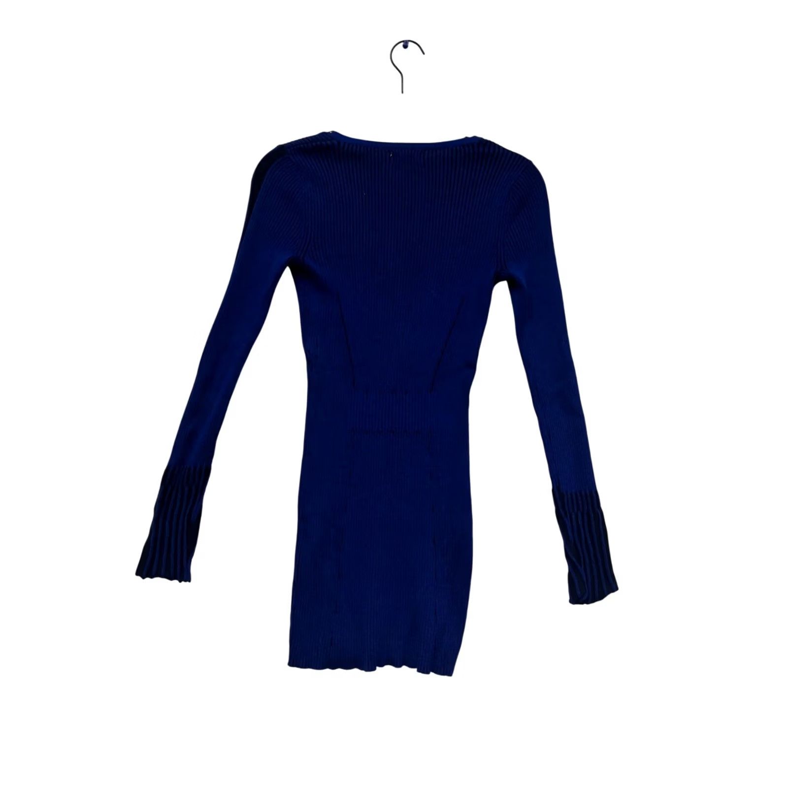 Vintage Cache Blue Ribbed V-Neck Long Sleeve Sweater Dress Womens S Studded Neckline Ribbed Texture Bodycon Short Dress Size S / US 4 / IT 40 - 2 Thumbnail