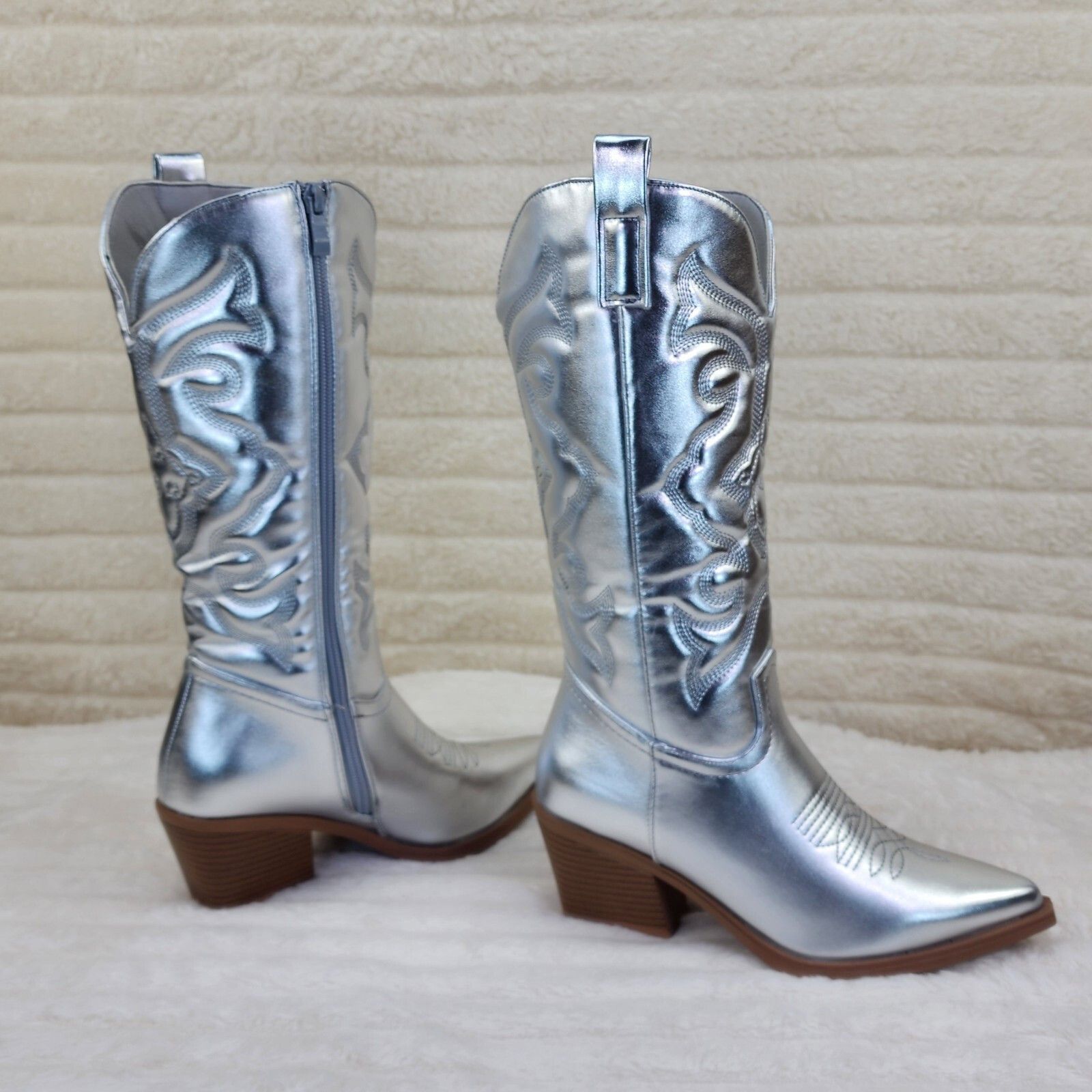 Other Disco Cowgirl Metallic Silver Cowboy Knee Boots Western Bloc Size US 6.5 / IT 36.5 - 1 Thumbnail
