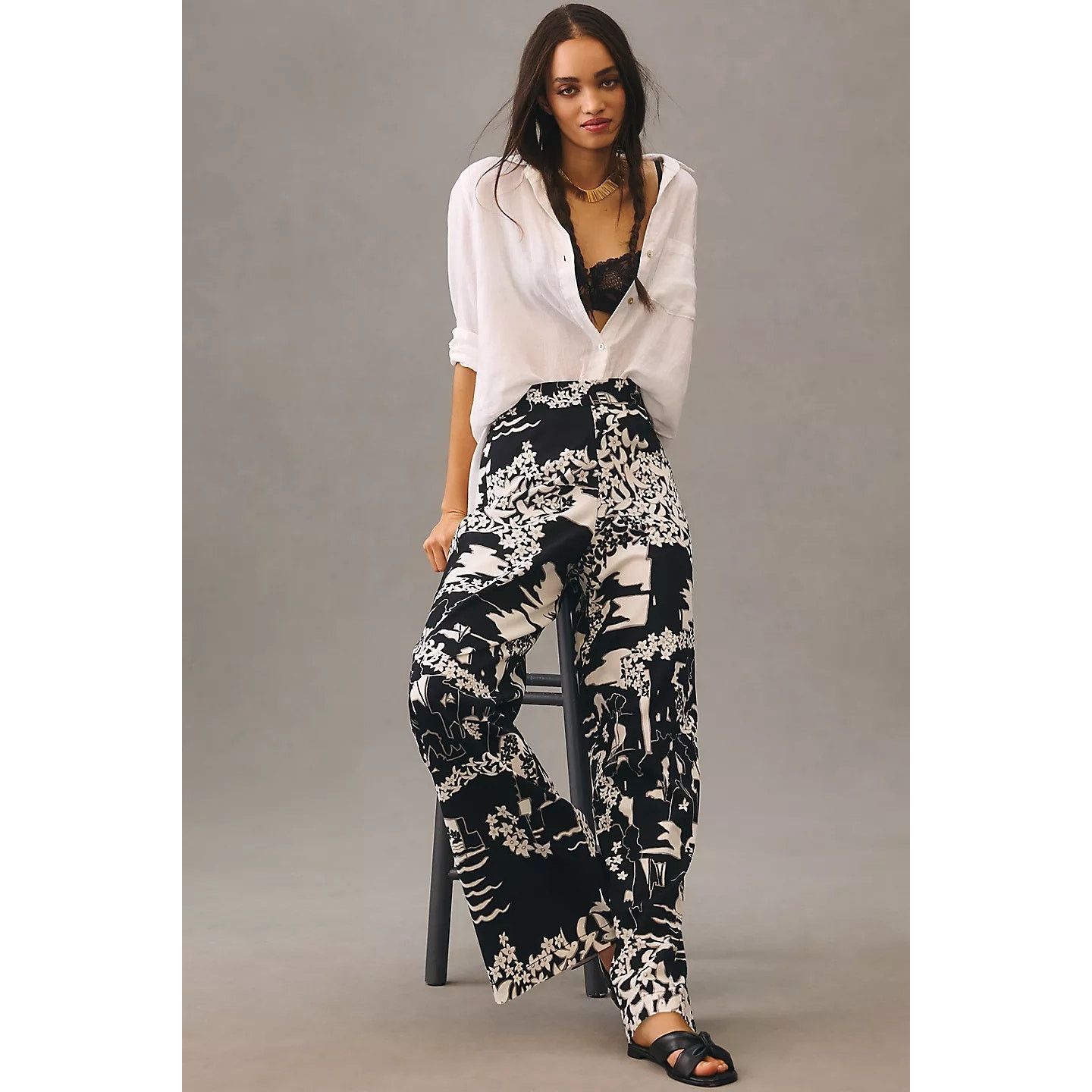 Anthropologie New Tiny Anne Printed Wide-Leg Pants $160 SIZE 2 Black Motif Size 26" / US 2 / IT 38 - 6 Thumbnail