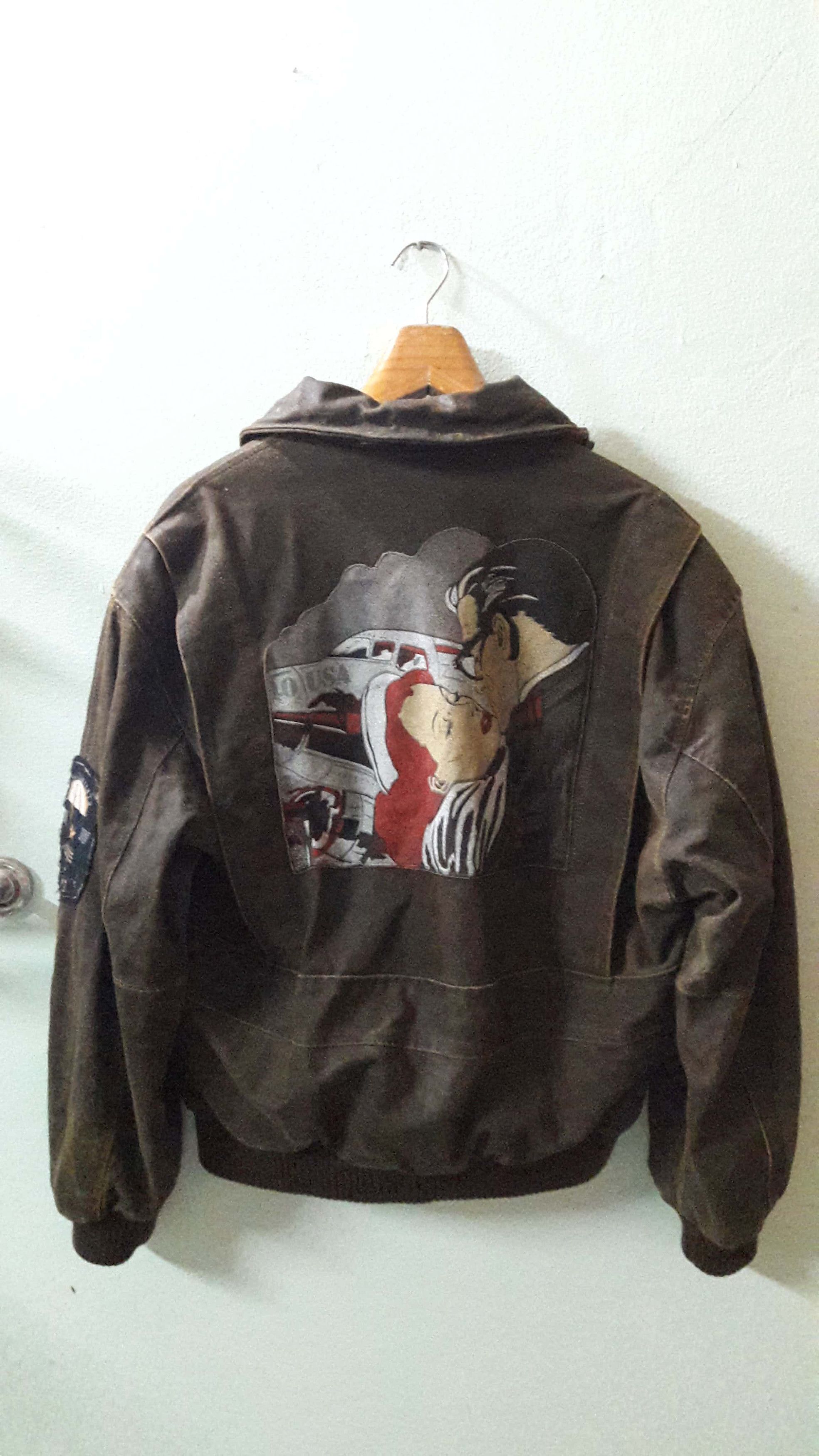 image of Vintage Military Air Force Jacket Leather Para Patches Italy in Brown Leather, Men's (Size Large)