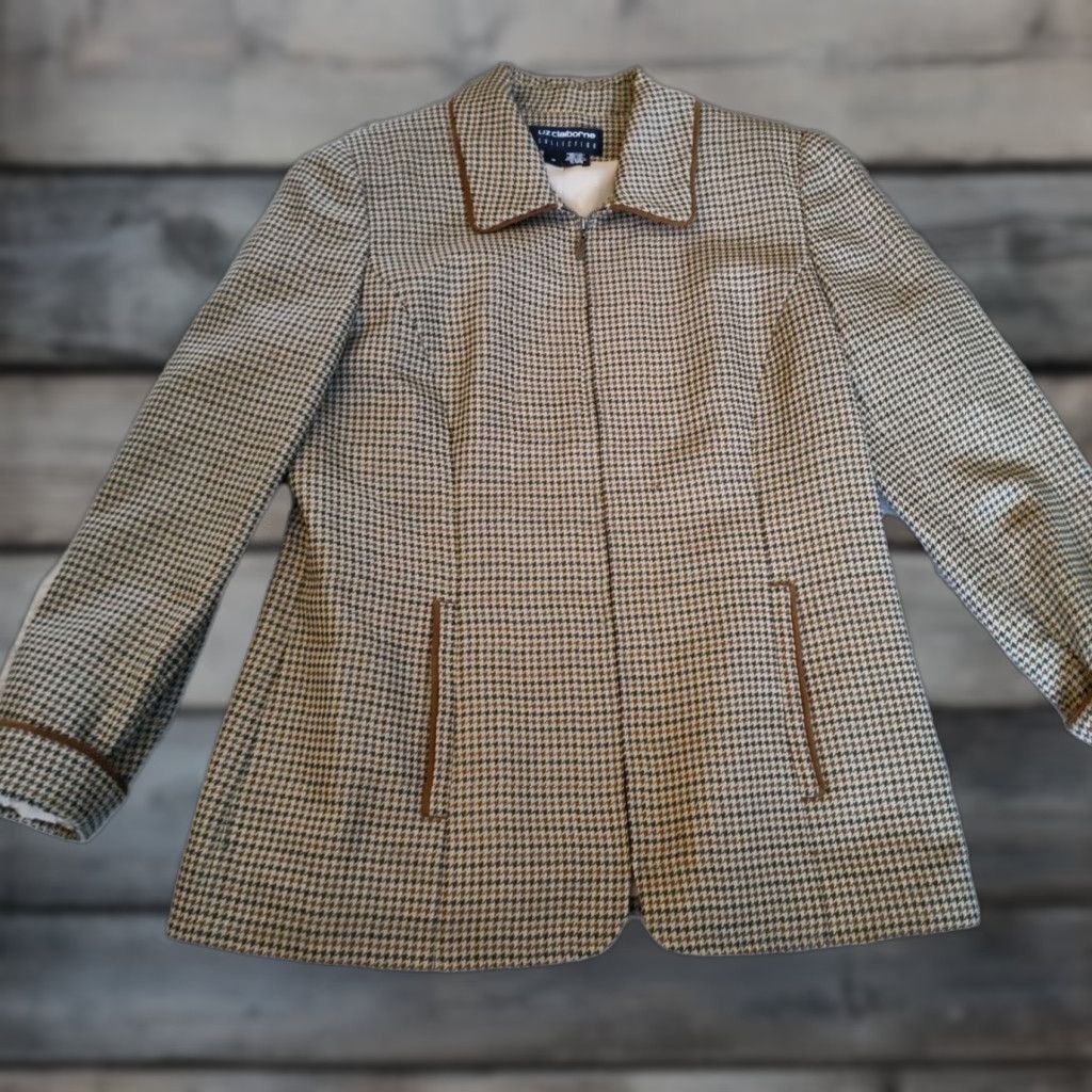 Liz Claiborne VINTAGE Liz Claiborne Women's Jacket Mid-Length Wool Blend Houndstooth 90s Casual Style Size 10 Size L / US 10 / IT 46 - 1 Thumbnail