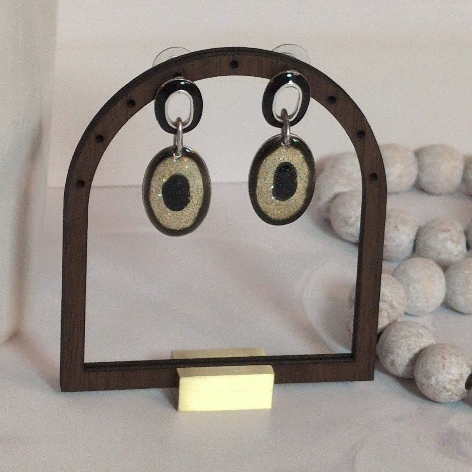 Vintage VTG 1980s Silver Black & Gold Glitter Oval Dangle Earrings Size ONE SIZE - 1 Thumbnail